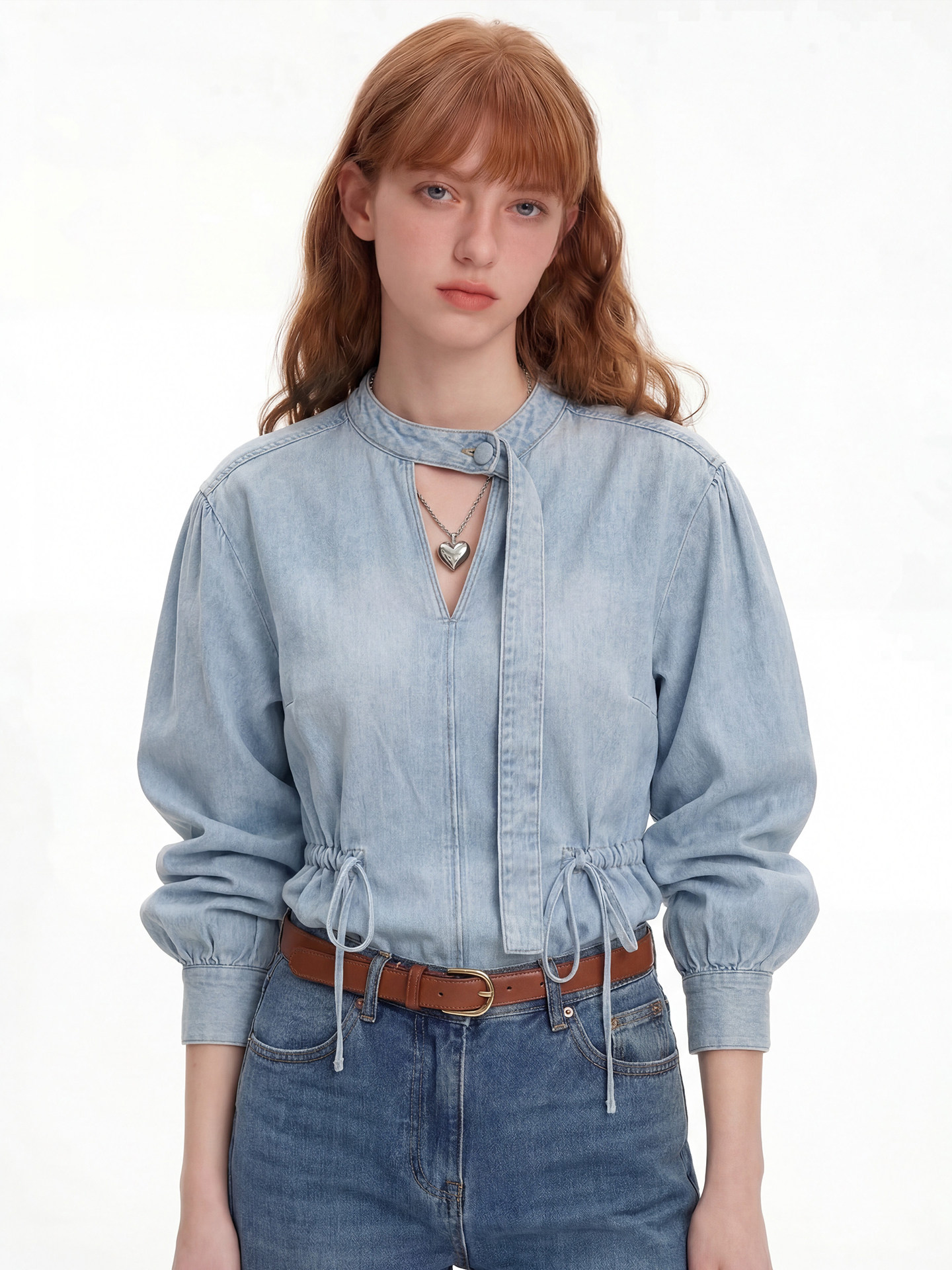 French Style Small Blue Tie-neck Breathable Thin Solid Color Denim Women's High-end Fitted Waist Top