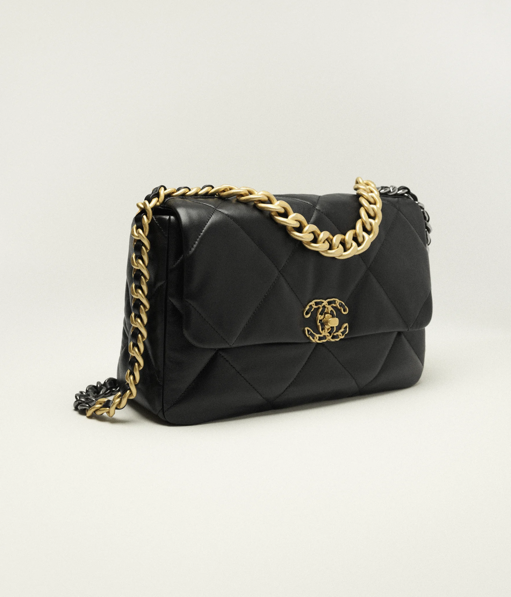 CHANEL 19 Large Handbag Shiny Lambskin, Gold-Tone, Silver-Tone & Ruthenium-Finish Metal Black