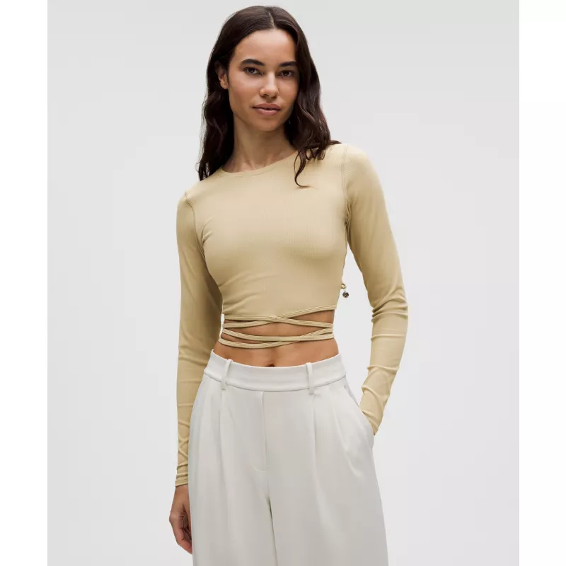 Logo Bead Ribbed Waist-Tie Long-Sleeve Shirt