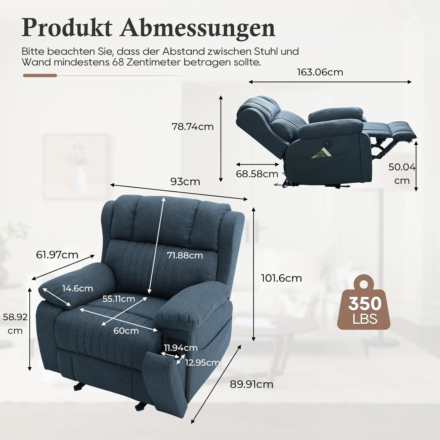 Electric adjustable TV armchair with reclining function. TV armchair with massage and heating functions. C-shaped and USB connector. maximum 160 kilograms (blue)