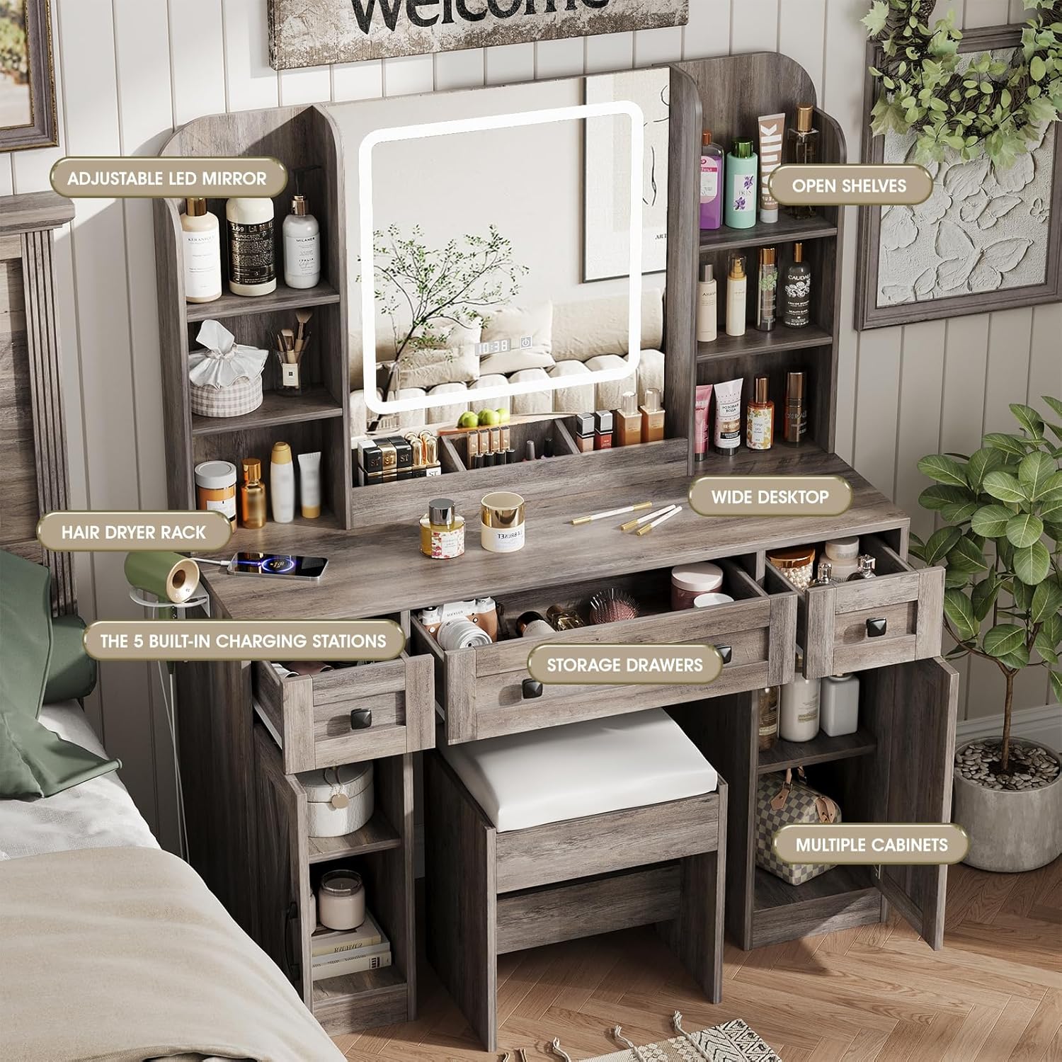 Vabches Makeup Vanity Desk. Vanity Mirror with Lights Desk and Chair.Makeup Table with 3 Large Drawers and 2 Cabinets. Time and Temperature Display. 3 LED Lighting Modes Adjustable. Grey
