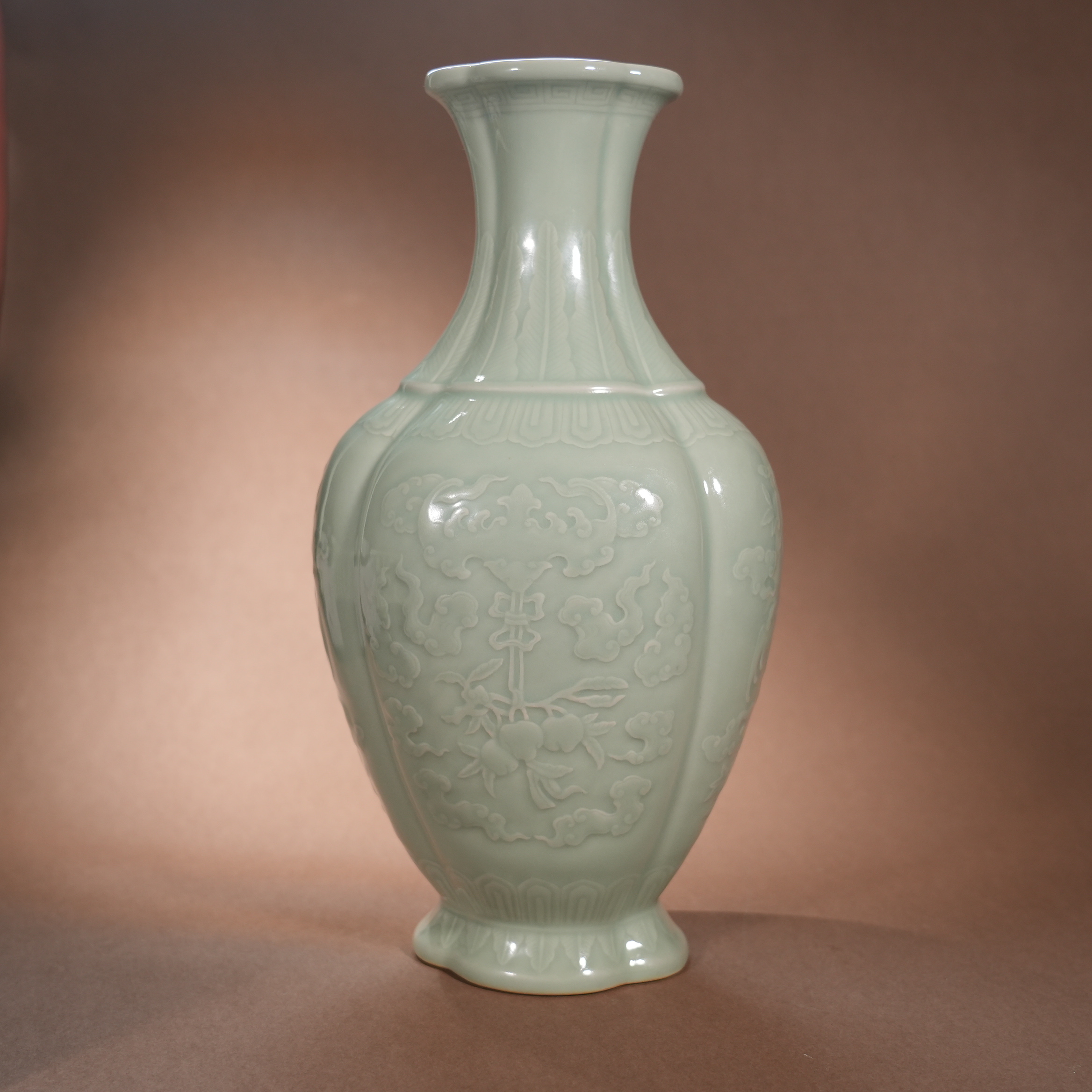 Ancient Chinese Bean Green Glaze Carved Vase with Longevity and Blessing Motifs (Haitang Shape)
