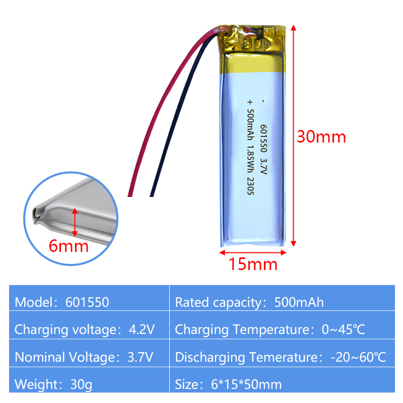 Pouch Lithium Ion Batteries 601530 601550 3.7v 250mAh 500mAh