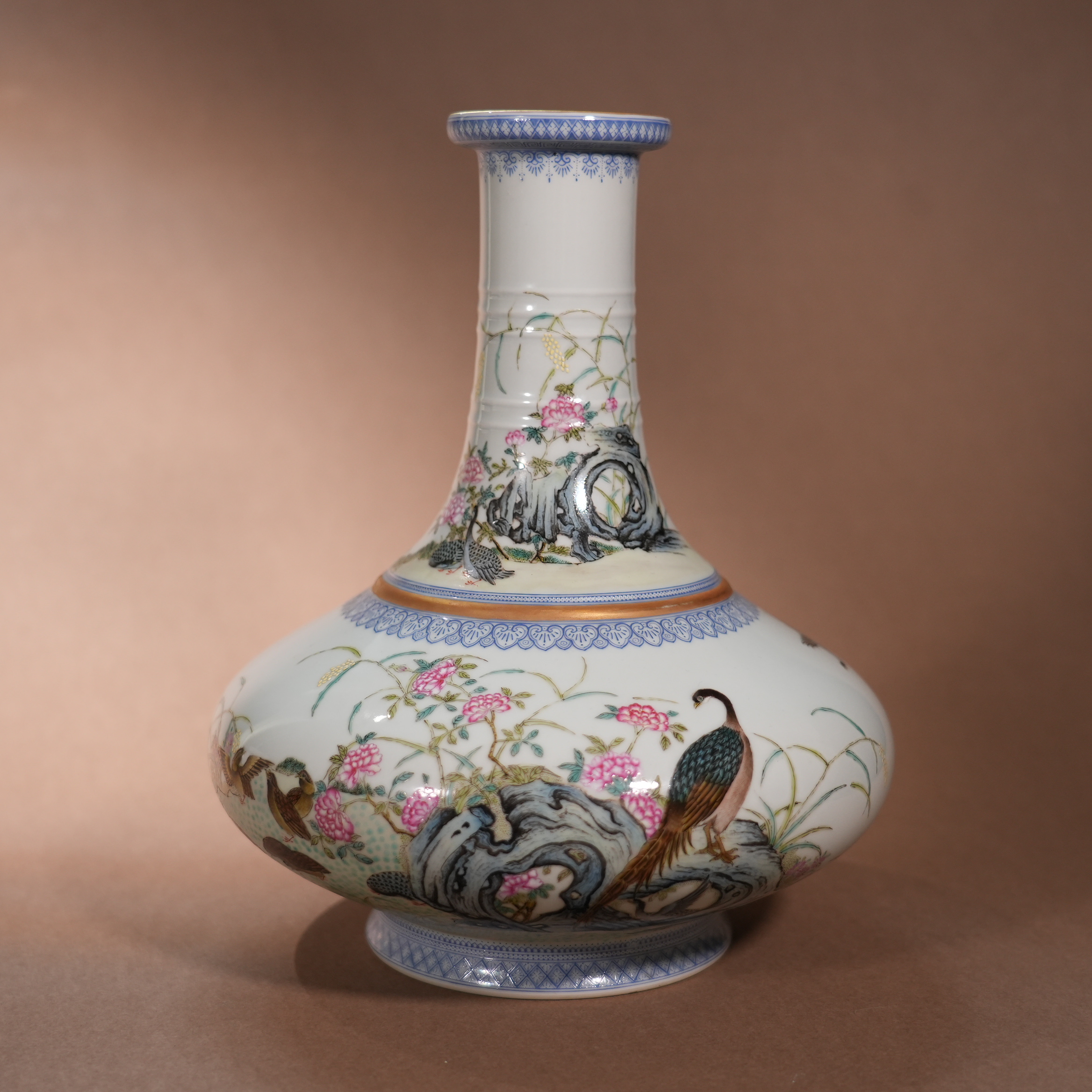 Ancient Chinese Famille Rose Vase with Bird and Flower Motifs