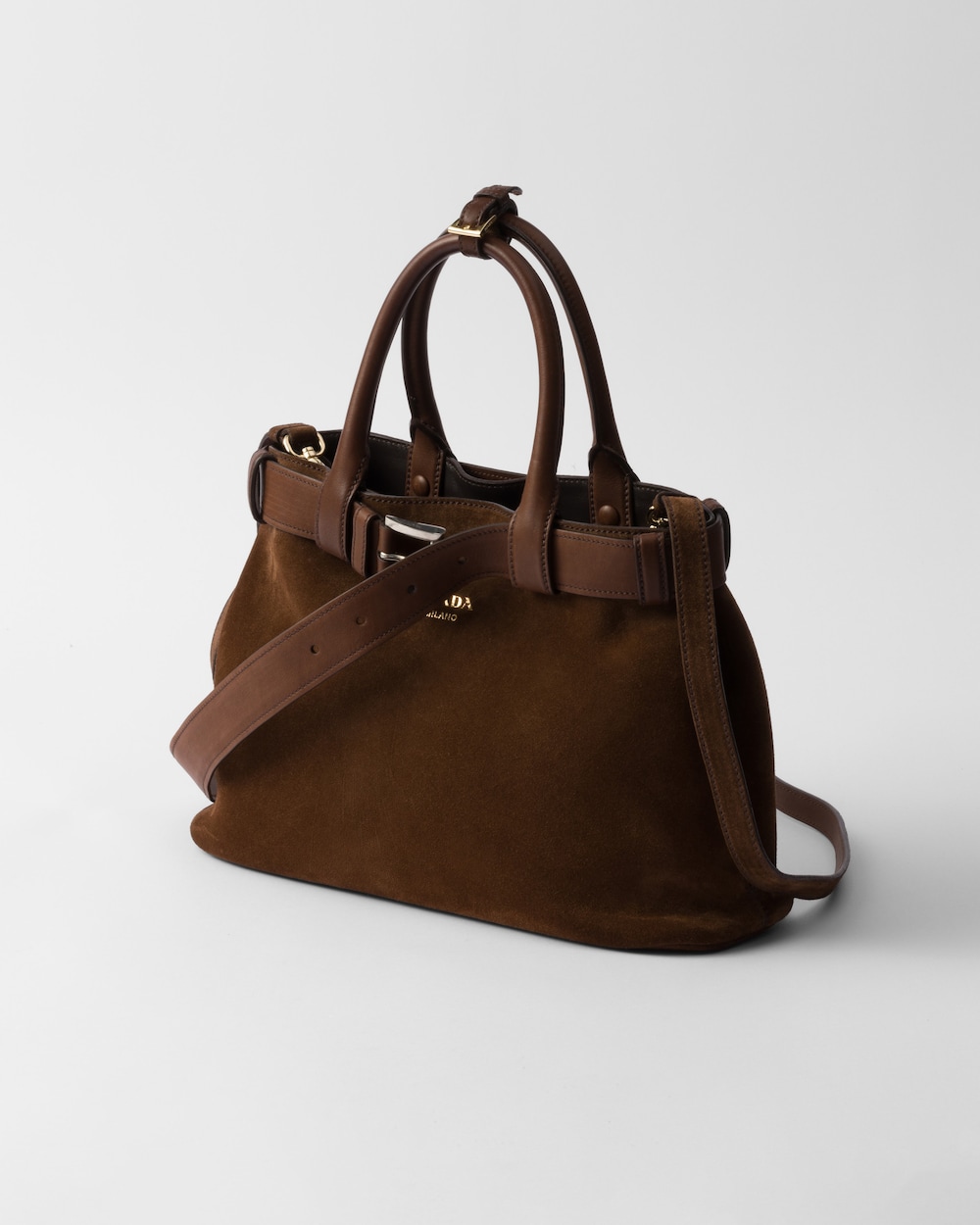 Medium Prada Buckle suede bag with belt Cocoa Brown