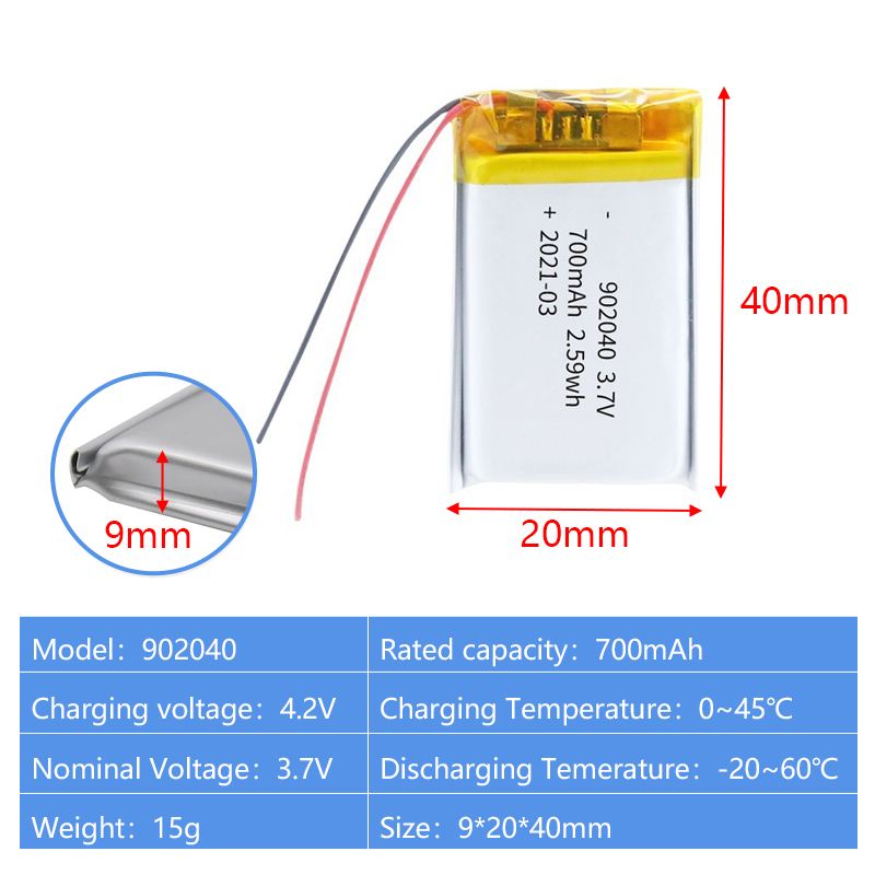Pouch Lithium Ion Batteries 902035 902040 902535 3.7v 600mAh 700mAh 800mAh