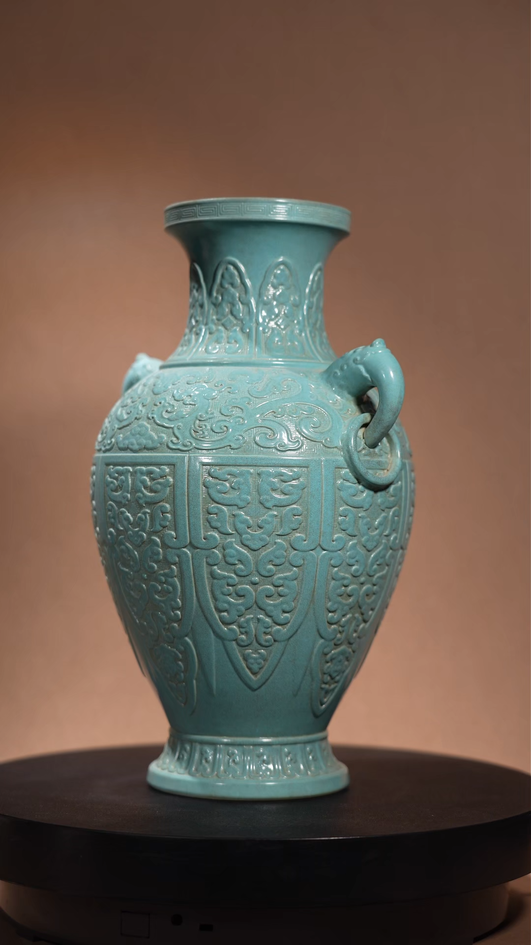 Ancient Chinese Turquoise-Glazed Vase with Carved Patterns and Beast-Head Ring Handles