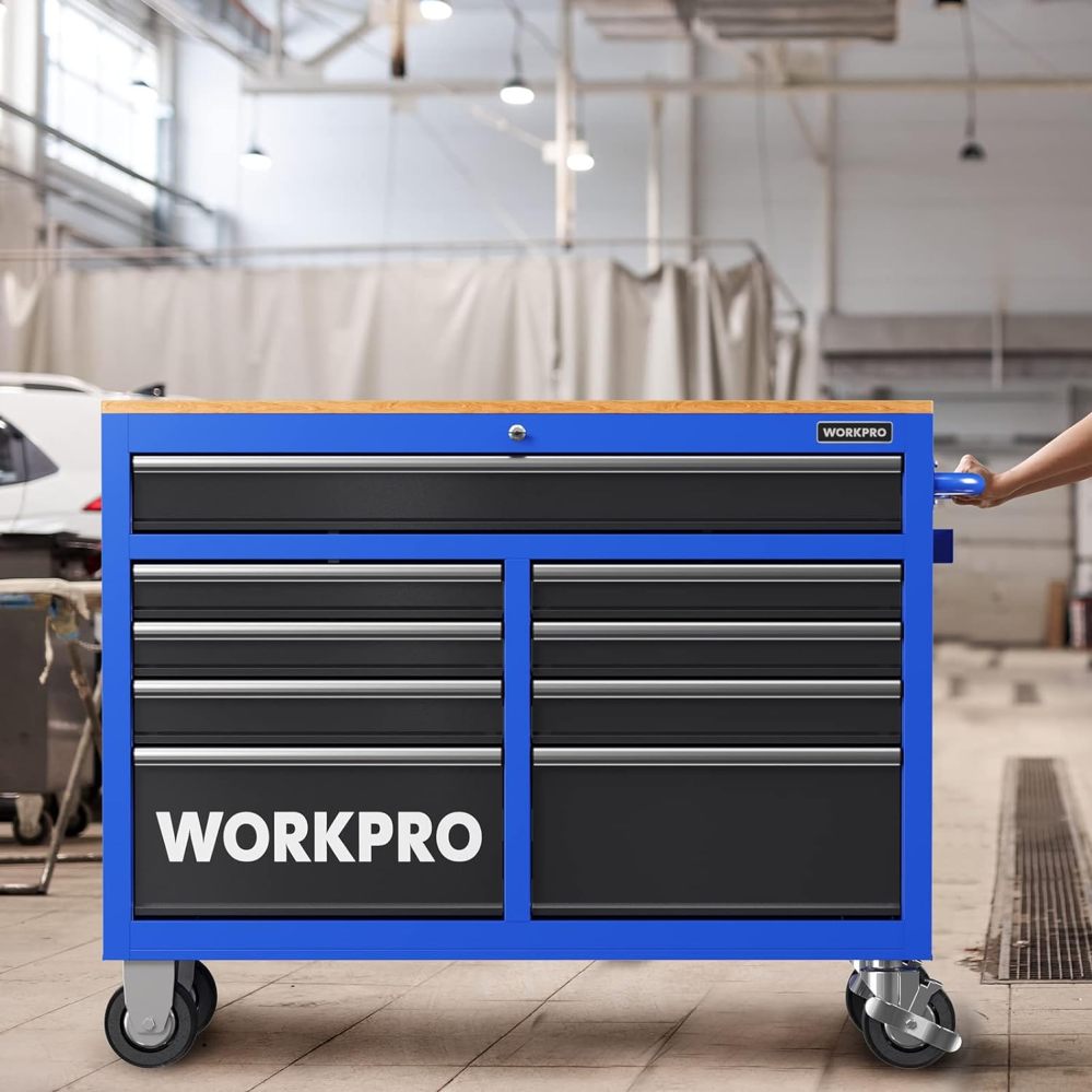 WORKPRO 46-Inch 9-Drawers Rolling Tool Chest. Mobile Tool Storage Cabinet with Wooden Top. Equipped with Casters. Handle. Drawer Liner. and Locking System. 1200 lbs Load Capacity