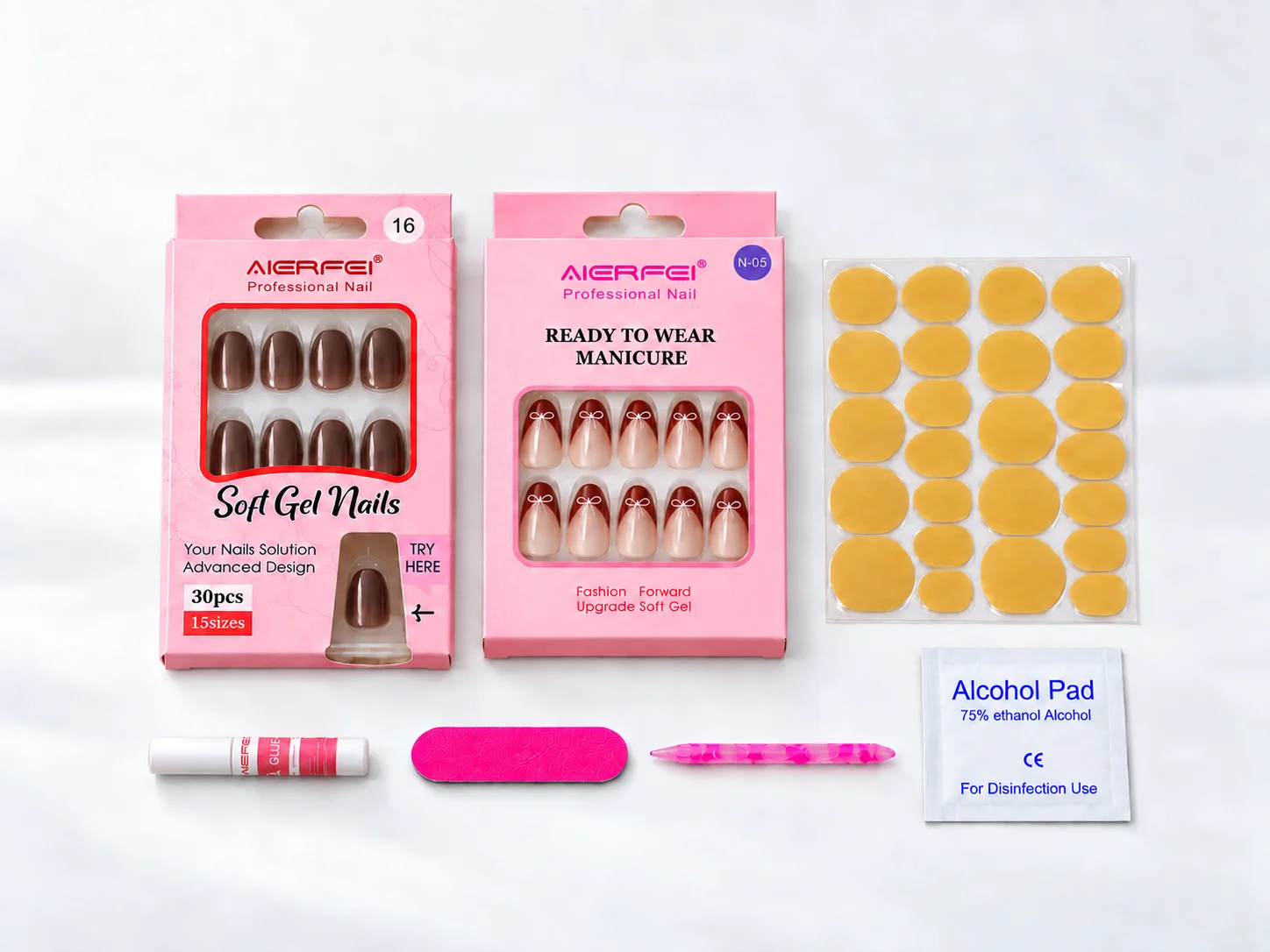 AIERFEI press-on nail cartons with adhesive tabs, glue, nail file, tool, and alcohol pad