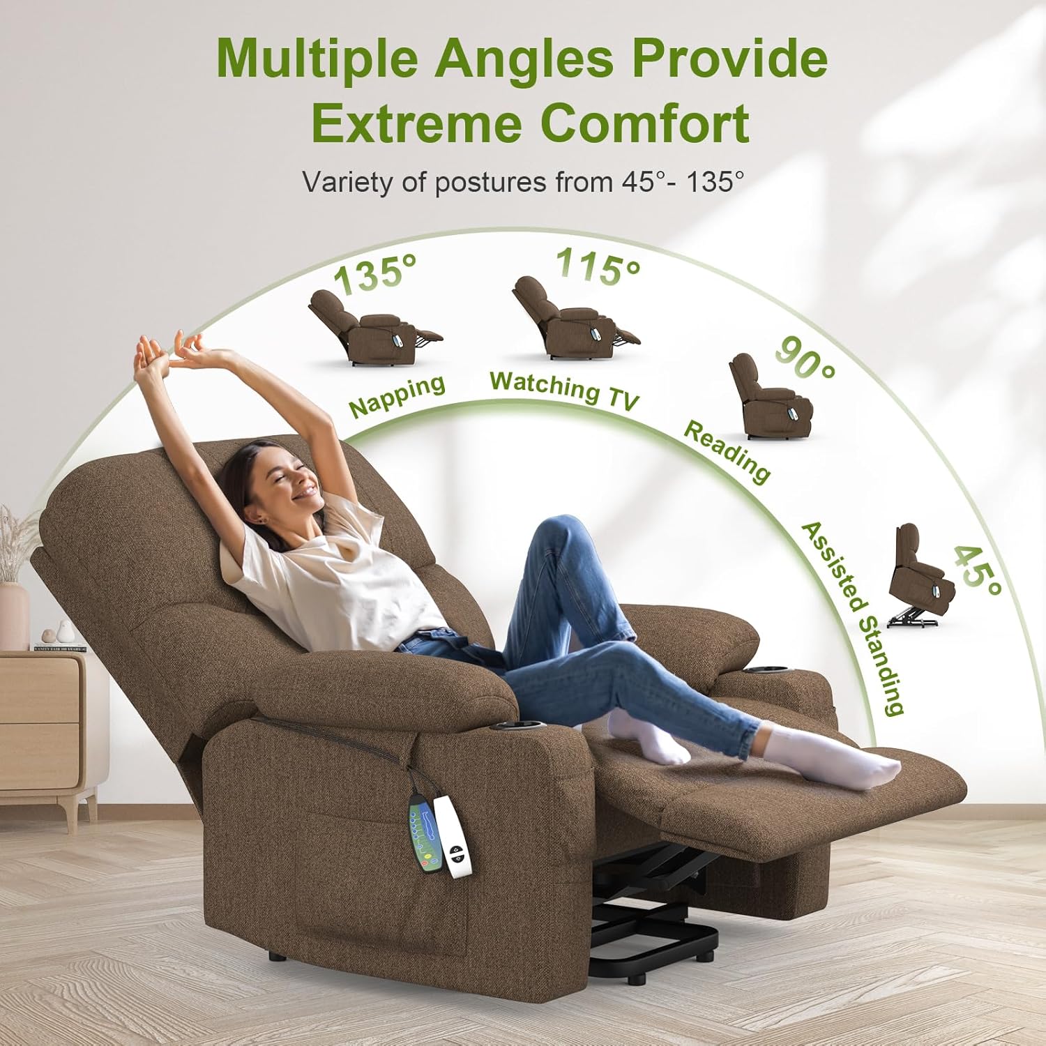 TV armchair. relaxation armchair. massage armchair. heating function. stand up assist. lie down function. electrically adjustable TV armchair. living room with USB&Type-C & cup holder and bag