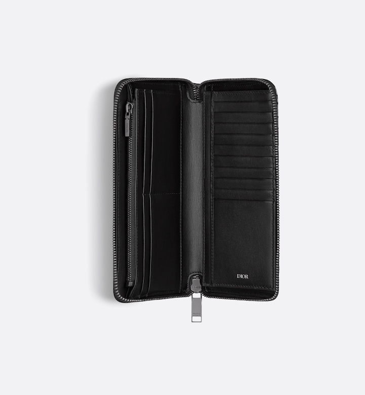 Vertical Long Zipped Wallet Beige and Black Oblique Jacquard