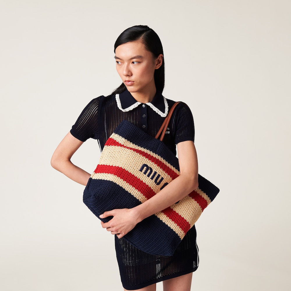Raffia-effect woven tote bag Natural/Blue