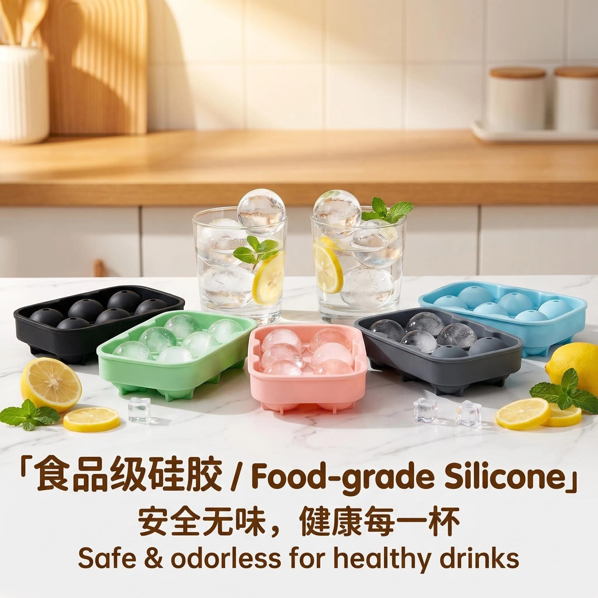 English: Food Grade Silicone Ice Ball Tray - Flexible & Easy Release, Makes Perfect Clear Ice Balls