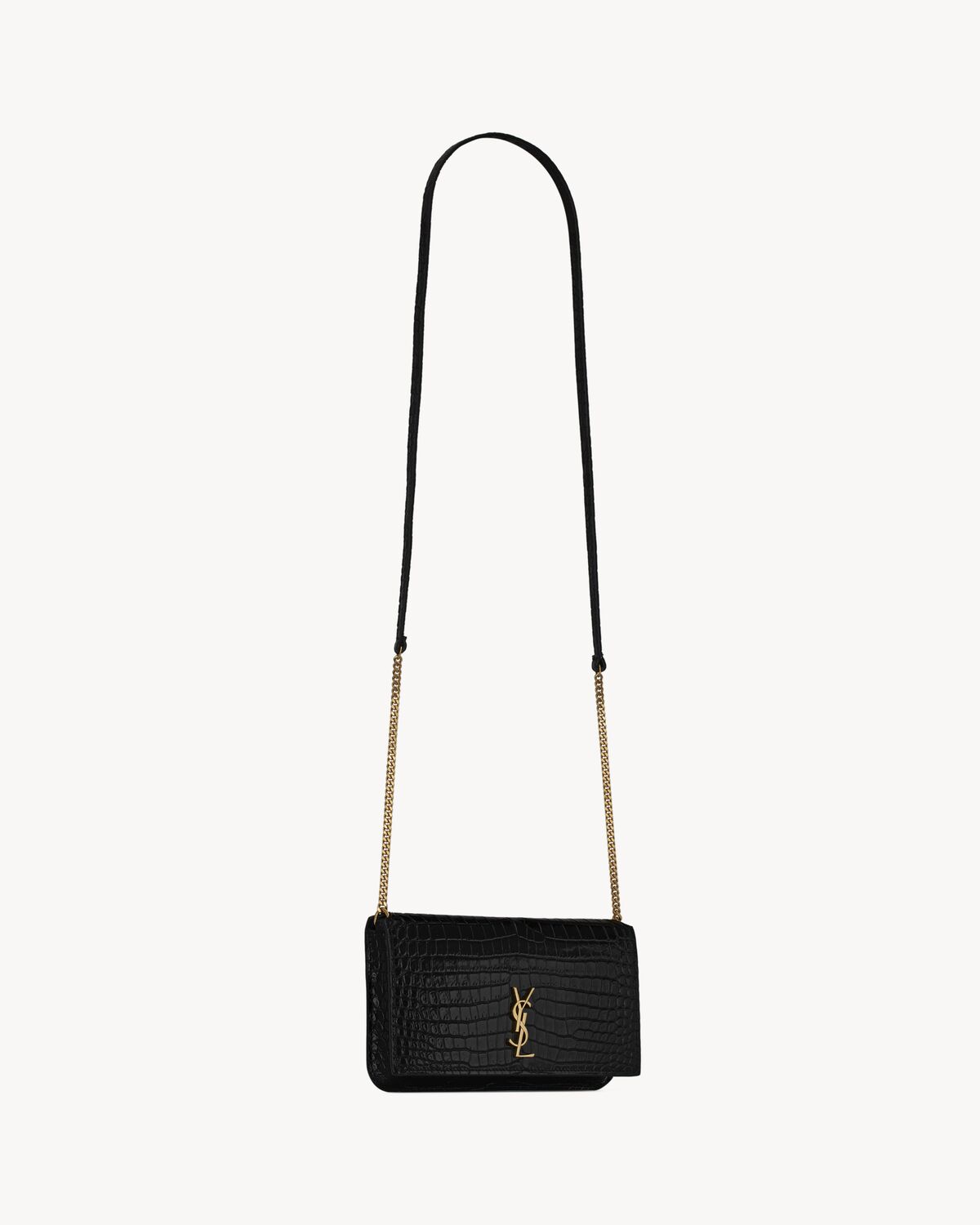 cassandre phone holder in shiny crocodile-embossed leather BLACK