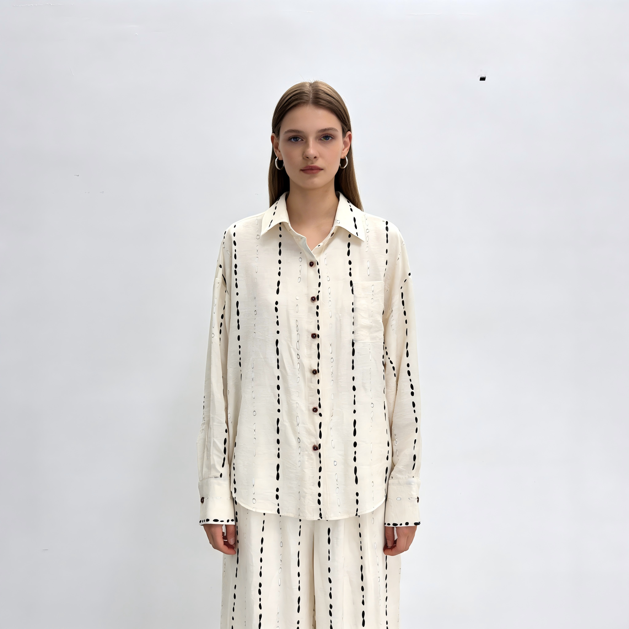 Women's White Vertical Striped Print Shirt Commuter and Casual Two-Piece Set Custom-Made Wholesale Versatile Shirt