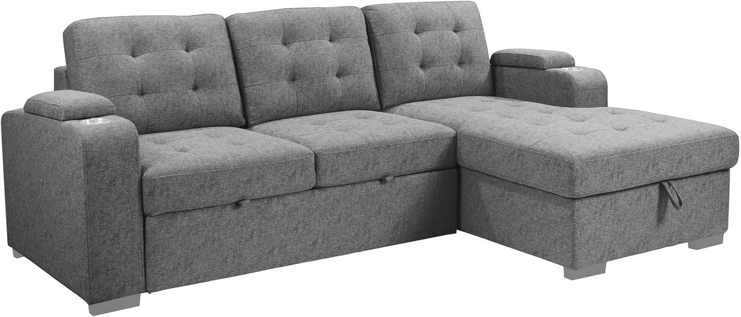 Benjara 120 Inch Sleeper Sectional Sofa Bed with Storage. Modern Tufted Gray Fabric