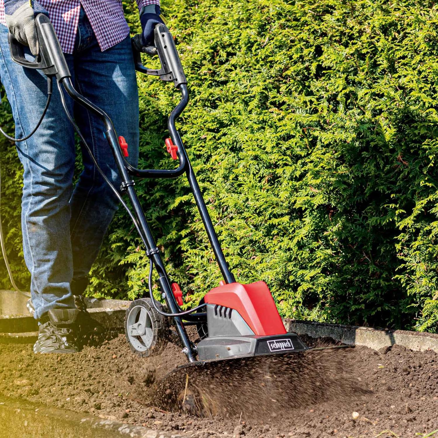 Scheppach Electric tiller MTE460 | 1500W | 450mm Width & 220mm Working Depth | Equipped with 24 Knives | Requires Low Maintenance | Folding Handlebar | Ideal for vegetable garden