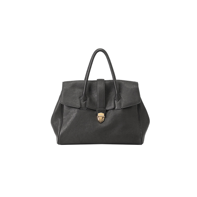 Structured Leather Satchel – Top Handle Bag with Gold Lock Closure in Dark Gray