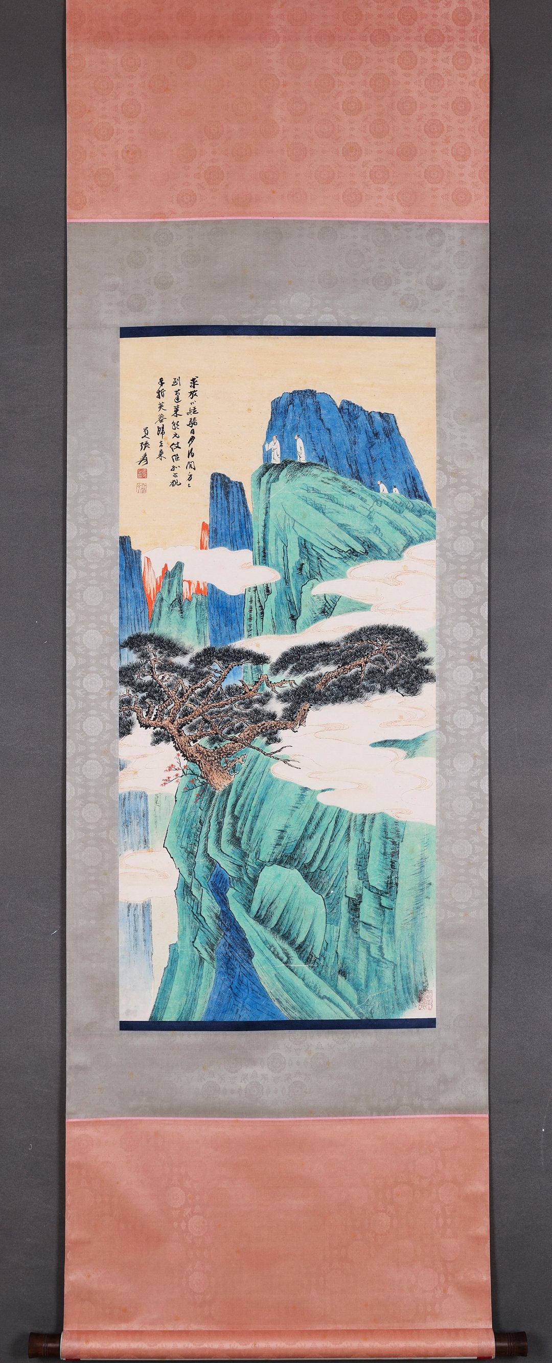 Zhang Daqian Chinese Painting Green Pine and Steep Cliff, Vertical Scroll, Exquisitely Mounted, Painting Core Size 104×48CM