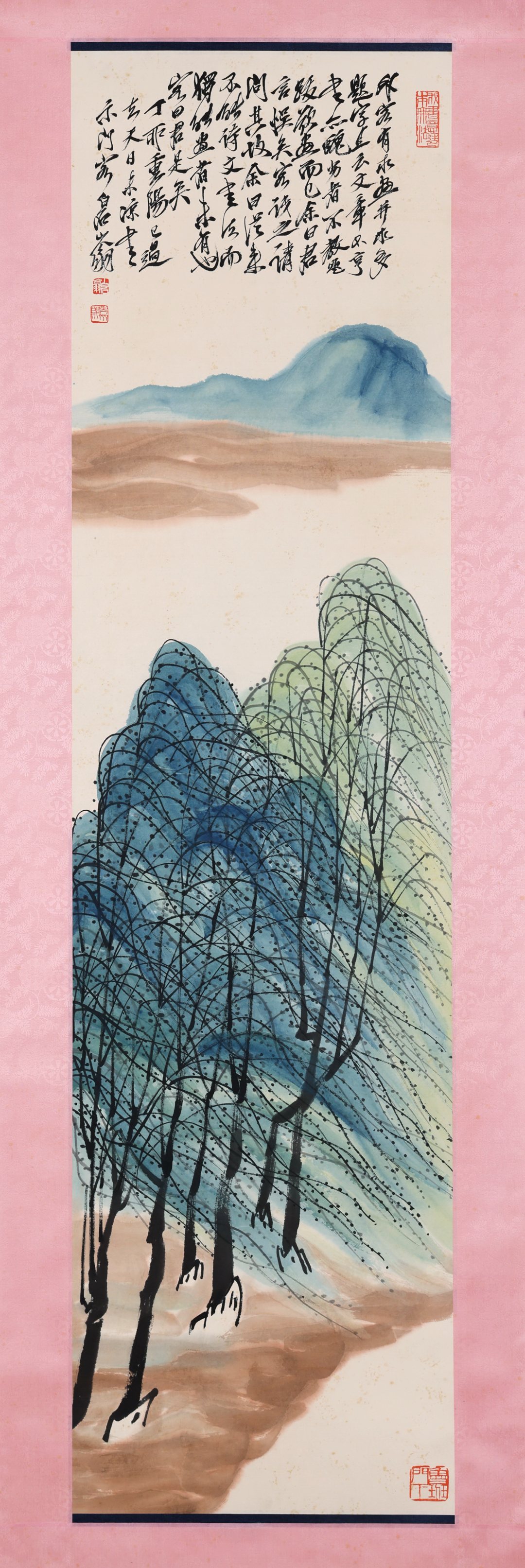 Qi Baishi Chinese Painting Willow Forest in the Wind, Vertical Scroll, Exquisitely Mounted, Painting Core Size 136×35CM