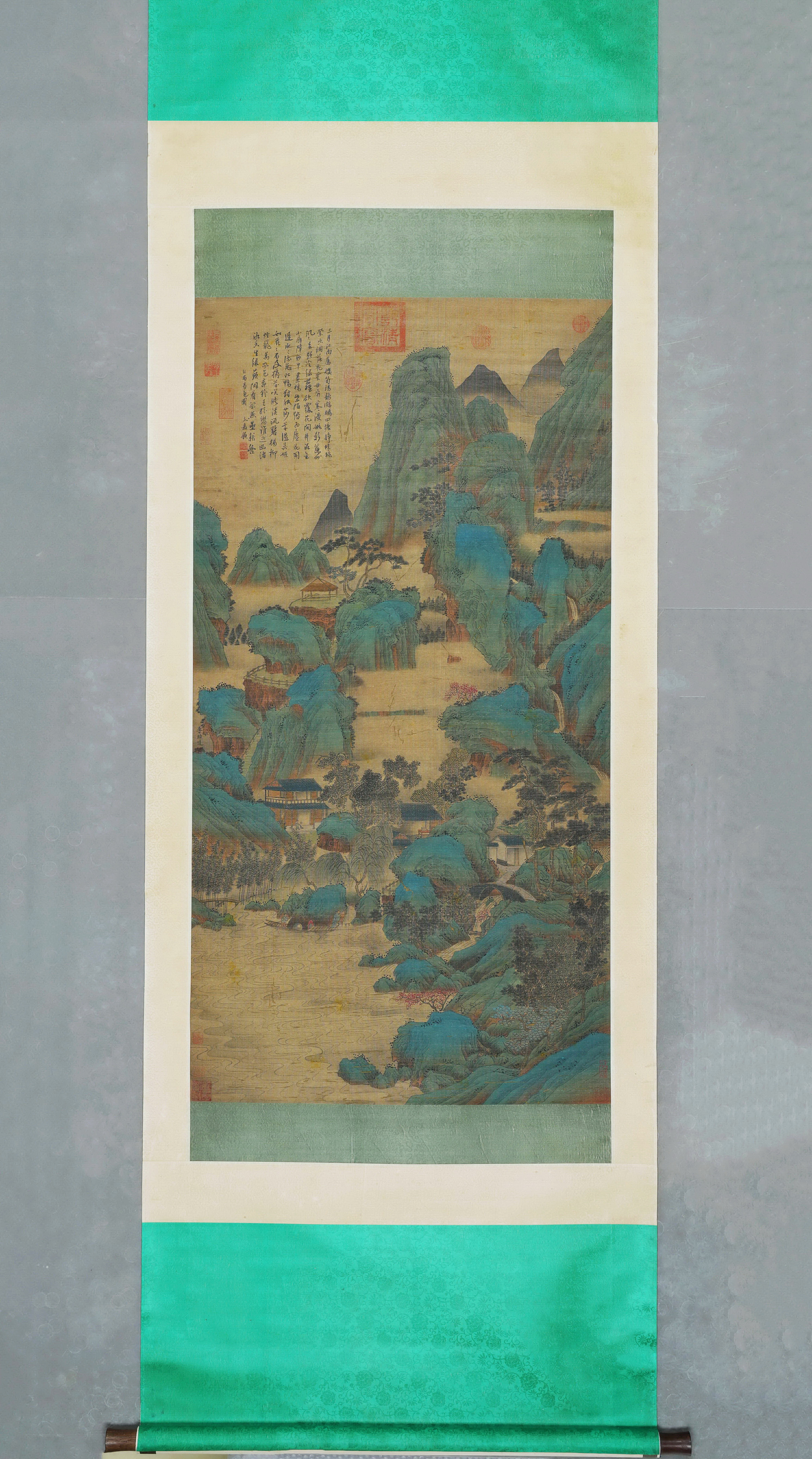 Ancient Chinese Painting Boating on Spring Lake by Li Zhaodao, Old Silk Scroll, Colophon by Wen Jia, Vertical Hanging Scroll, Exquisitely Mounted, Art Size 132×67CM