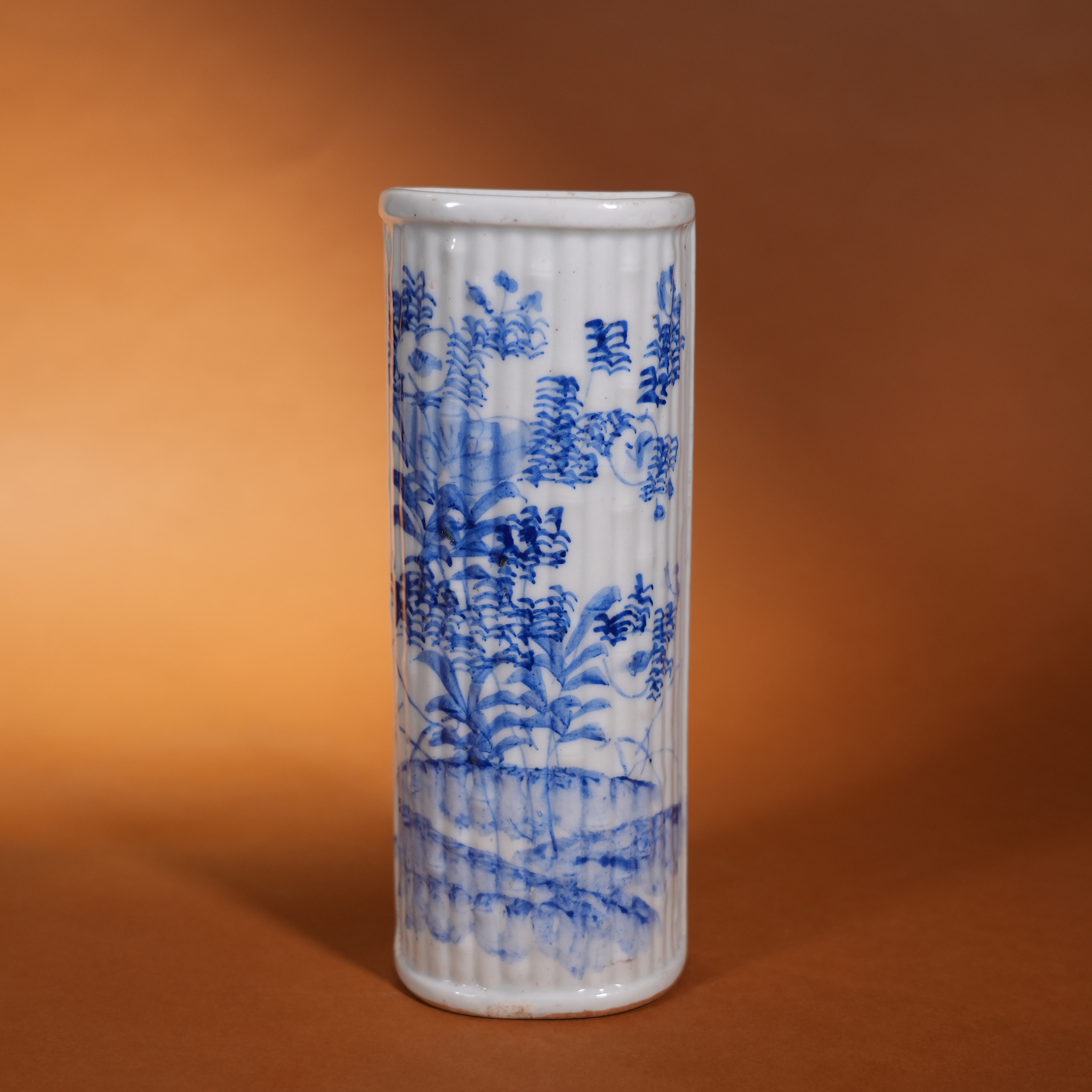 Ancient Chinese Blue and White Bamboo-Shaped Wall Vase with Floral Motifs