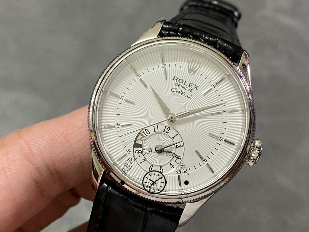 Rolex Cellini Dual Time 50529 Silver Sunburst Dial Black Leather Strap 39mm Mens Replica Watch