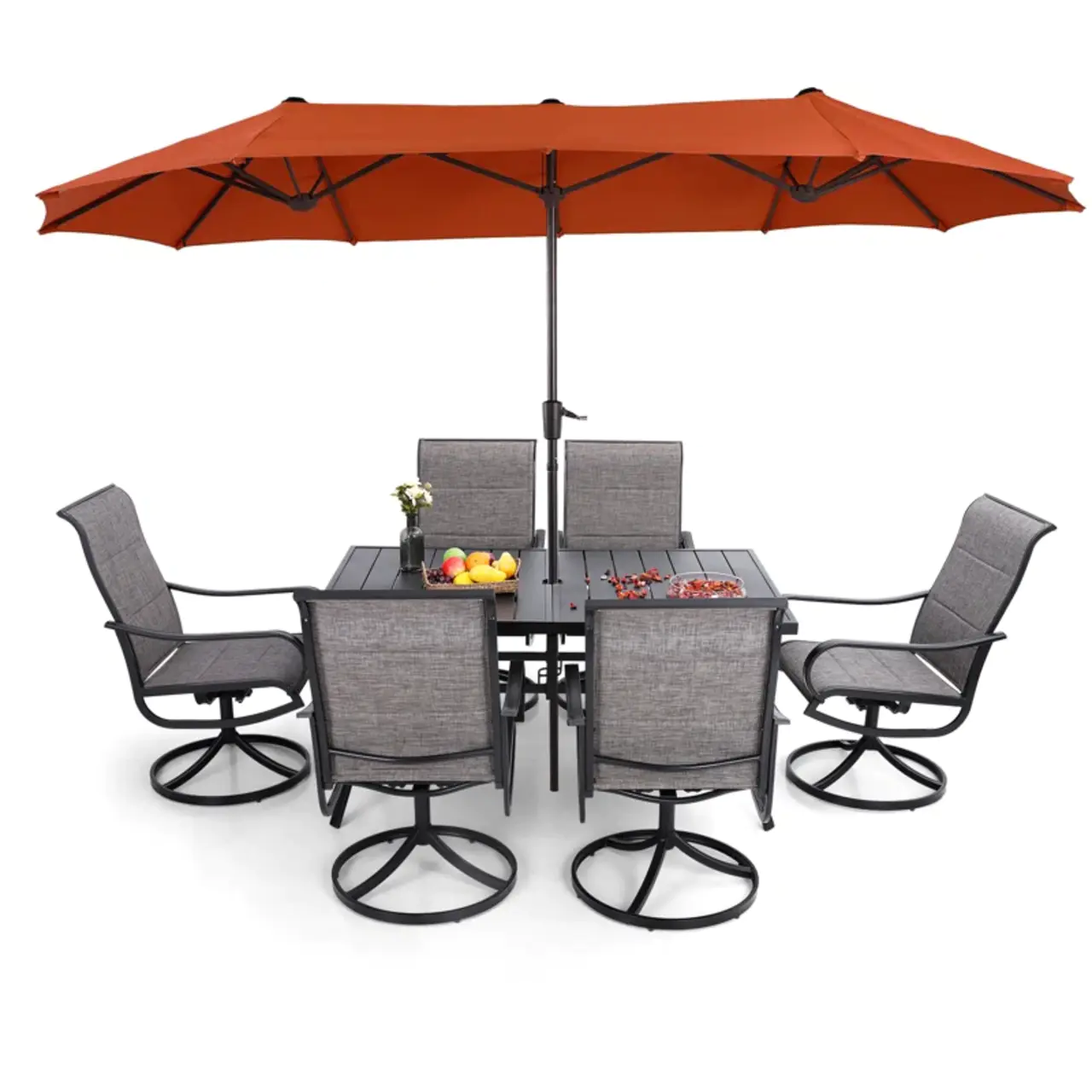 8 Pieces Patio Dining Set with Umbrella.Outdoor Furniture Set with 6 Sling Dining Swivel Chairs