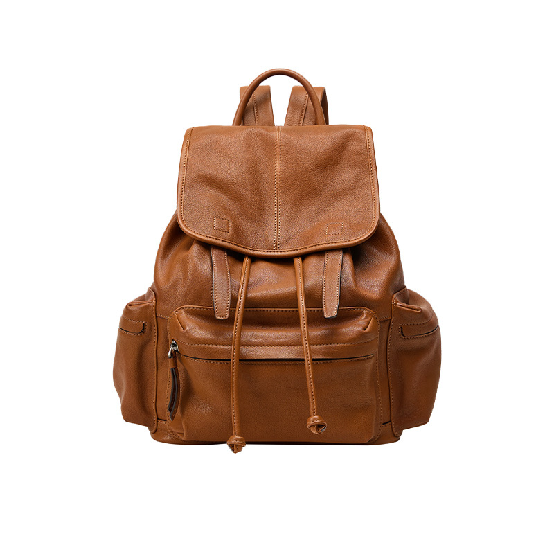 Vintage Drawstring Leather Backpack – Multi-Pocket Daypack in Warm Camel
