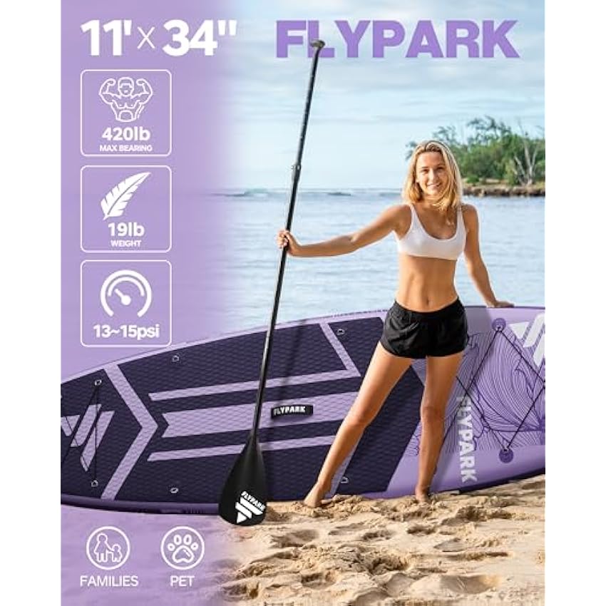 Flypark 11'x34'' Inflatable Paddle Boards. Extra Wide SUP for 420lbs/3Adults. Yoga Stand Up Paddle Board. 110L Backpack. 15 D-Rings. Shoulder Strap. US-Fin. 2-Action Pump