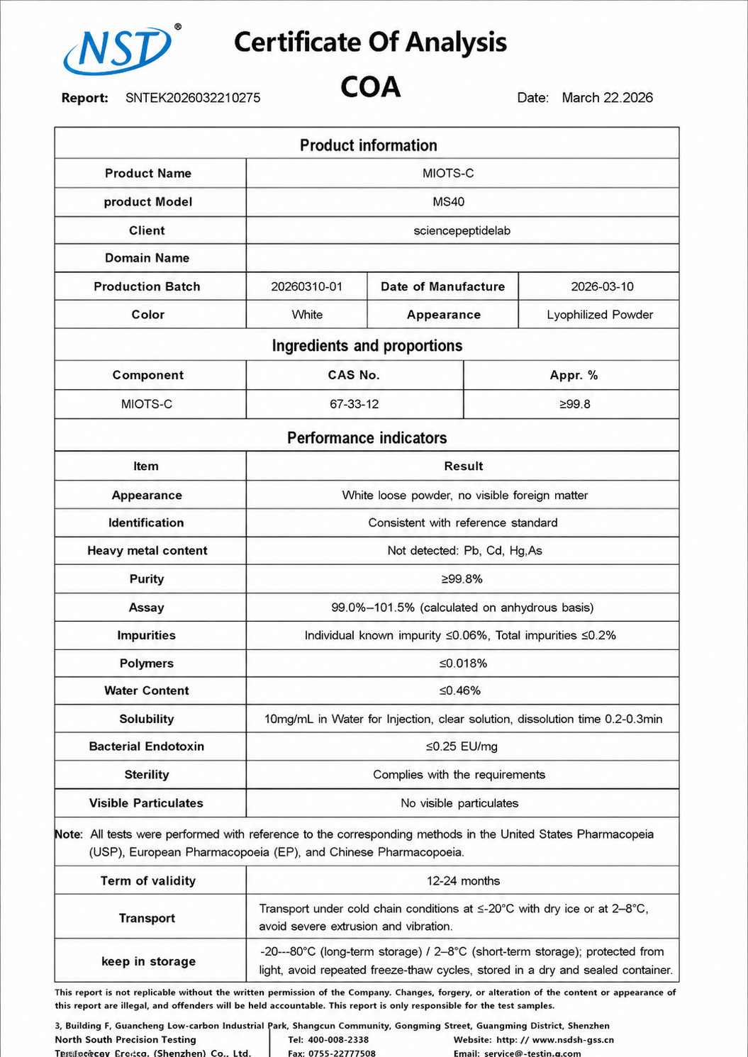 MS40（MOTS-C）40mg×10vials