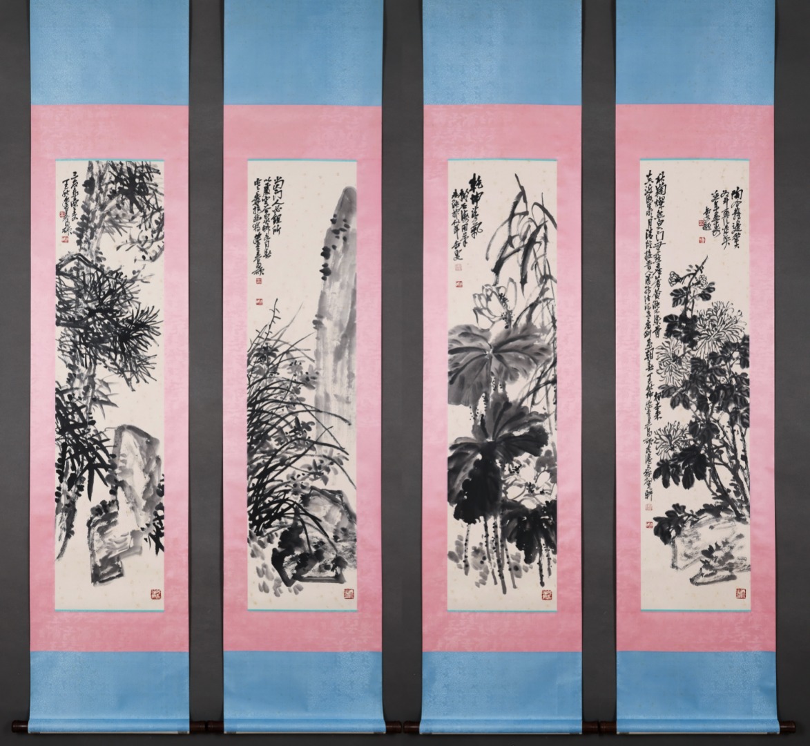 Wu Changshuo Pines, Orchids, Lotuses & Chrysanthemums, Set of 4 Vertical Scrolls, Exquisitely Mounted, Each Painting Core 137×35CM