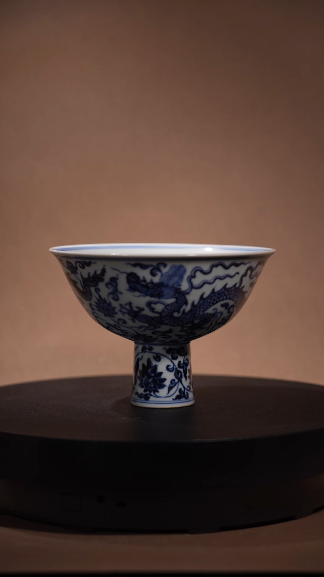 Ancient Chinese Blue and White Stem Bowl with Dragon and Sanskrit Motifs