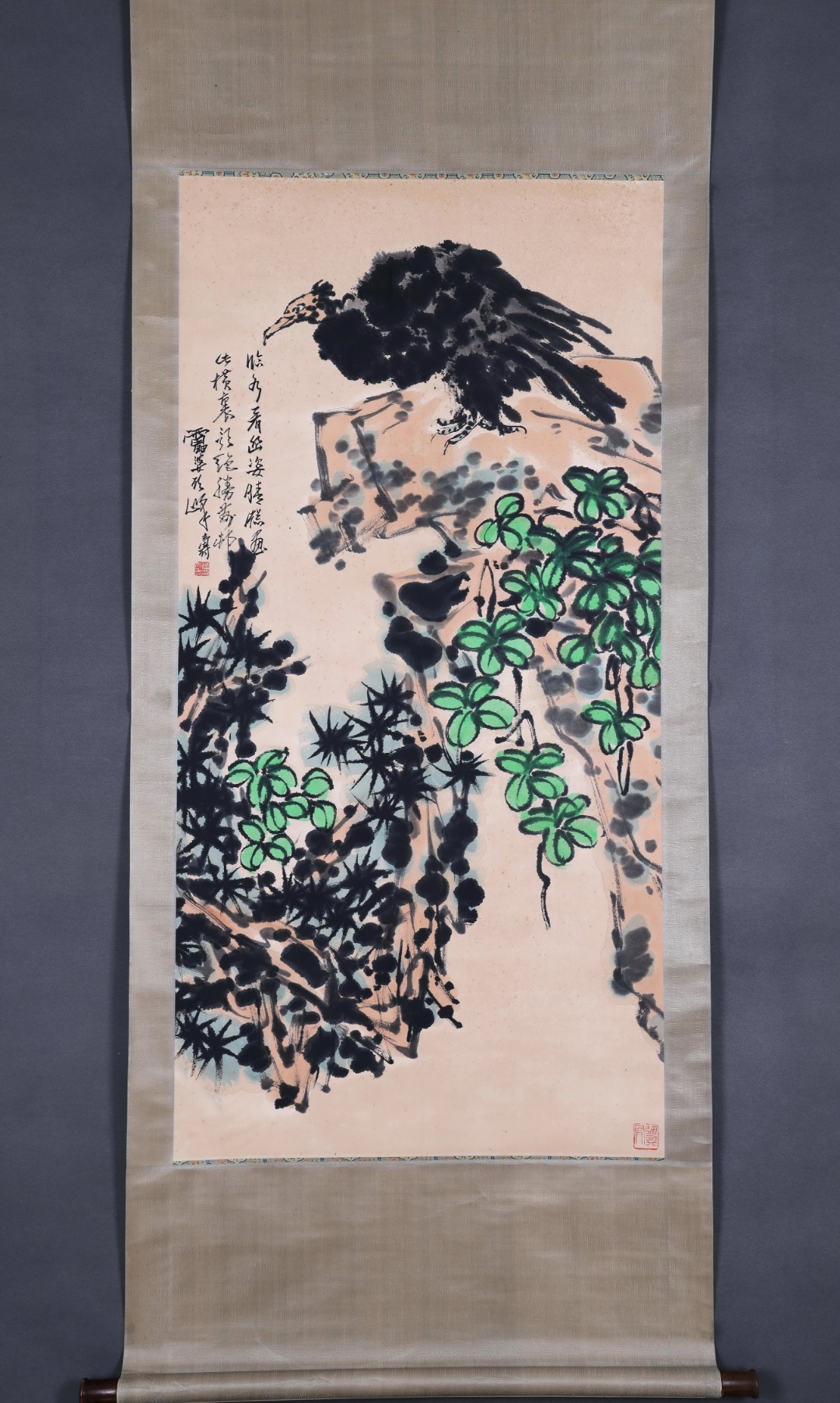 Pan Tianshou Chinese Painting Bald Eagle in Mountain Stream, Vertical Scroll, Exquisitely Mounted, Painting Core Size 136×68CM