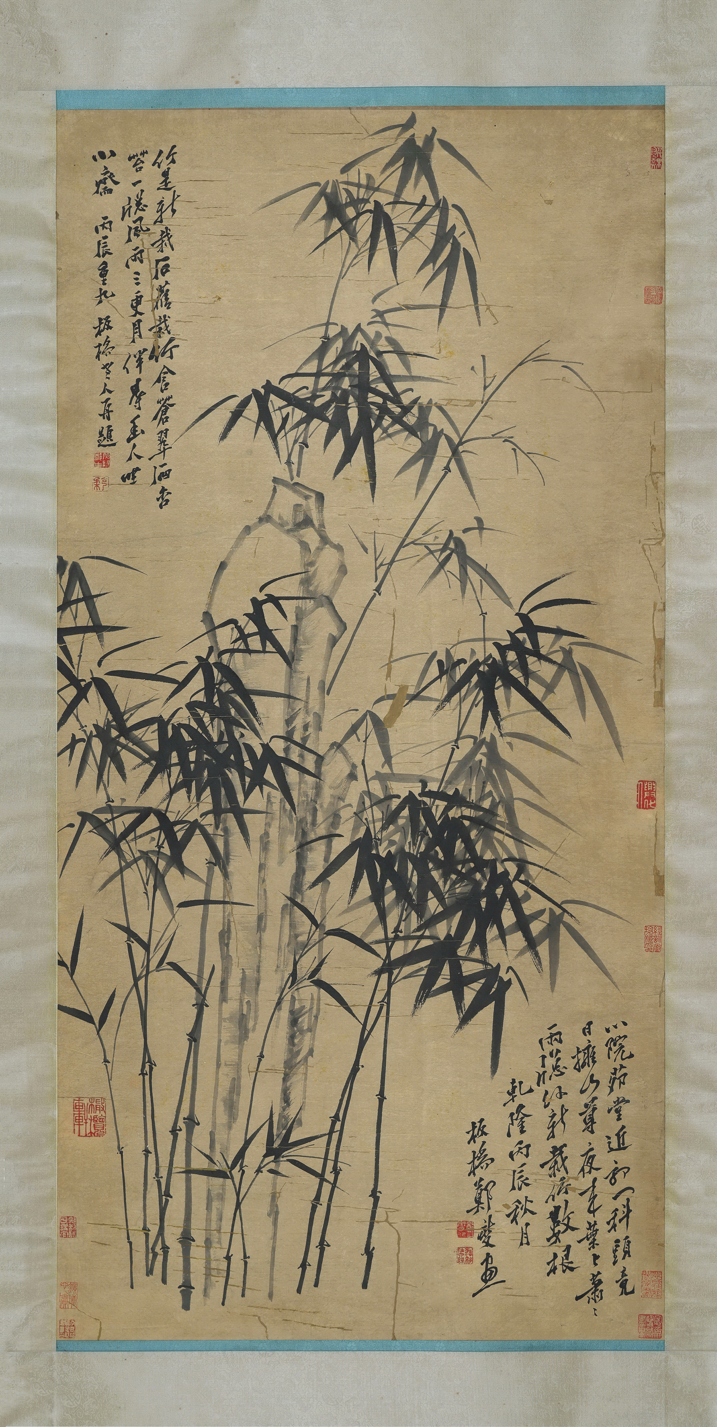 Ancient Chinese Painting Green Bamboos and Rocks by Zheng Banqiao, Vertical Scroll, Two Inscriptions by Artist, Fine Mounted, Painting Core 137×68 CM