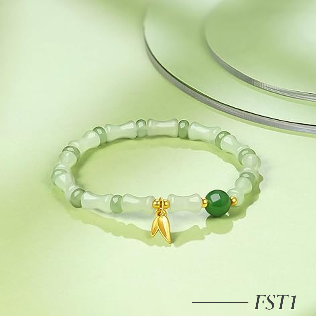 FST1-24K Gold Green Jade Bamboo Beaded Bracelet with Leaf Charm – Stretch Bracelet