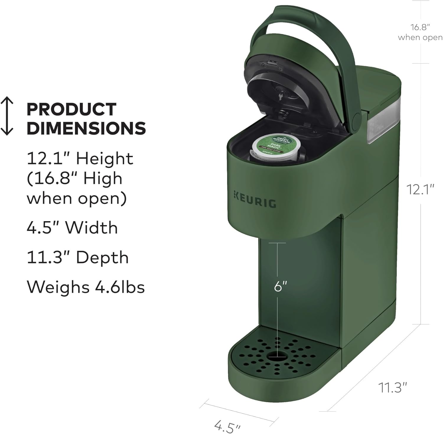 Coffee maker, brews 6 to 12 ounces, with cord storage, perfect for small spaces Green