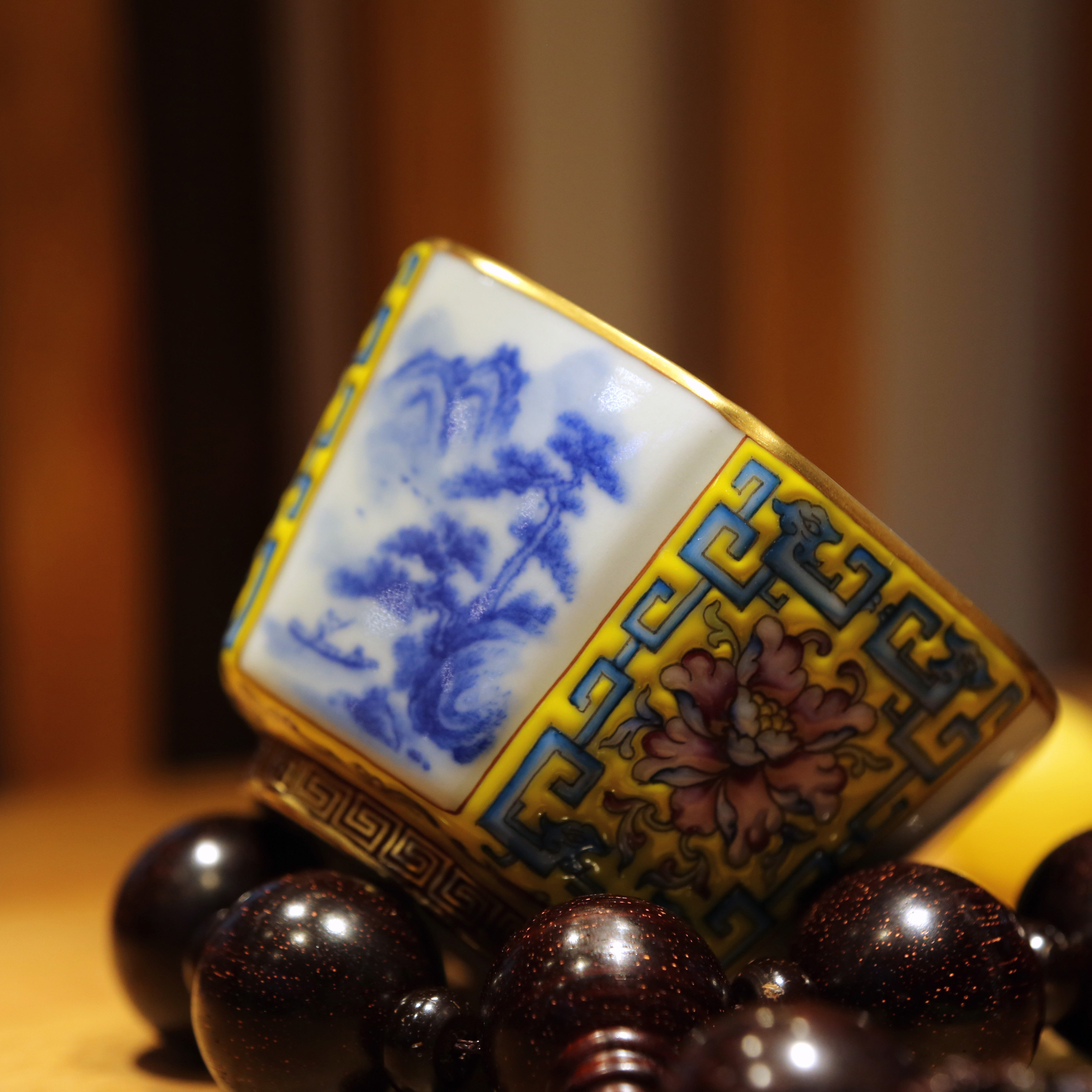 Premium Hand-Painted Tea Ware • Exquisite Landscape Antique Tea Cup • Jingdezhen Hexagonal Cup • Enamel Pattern