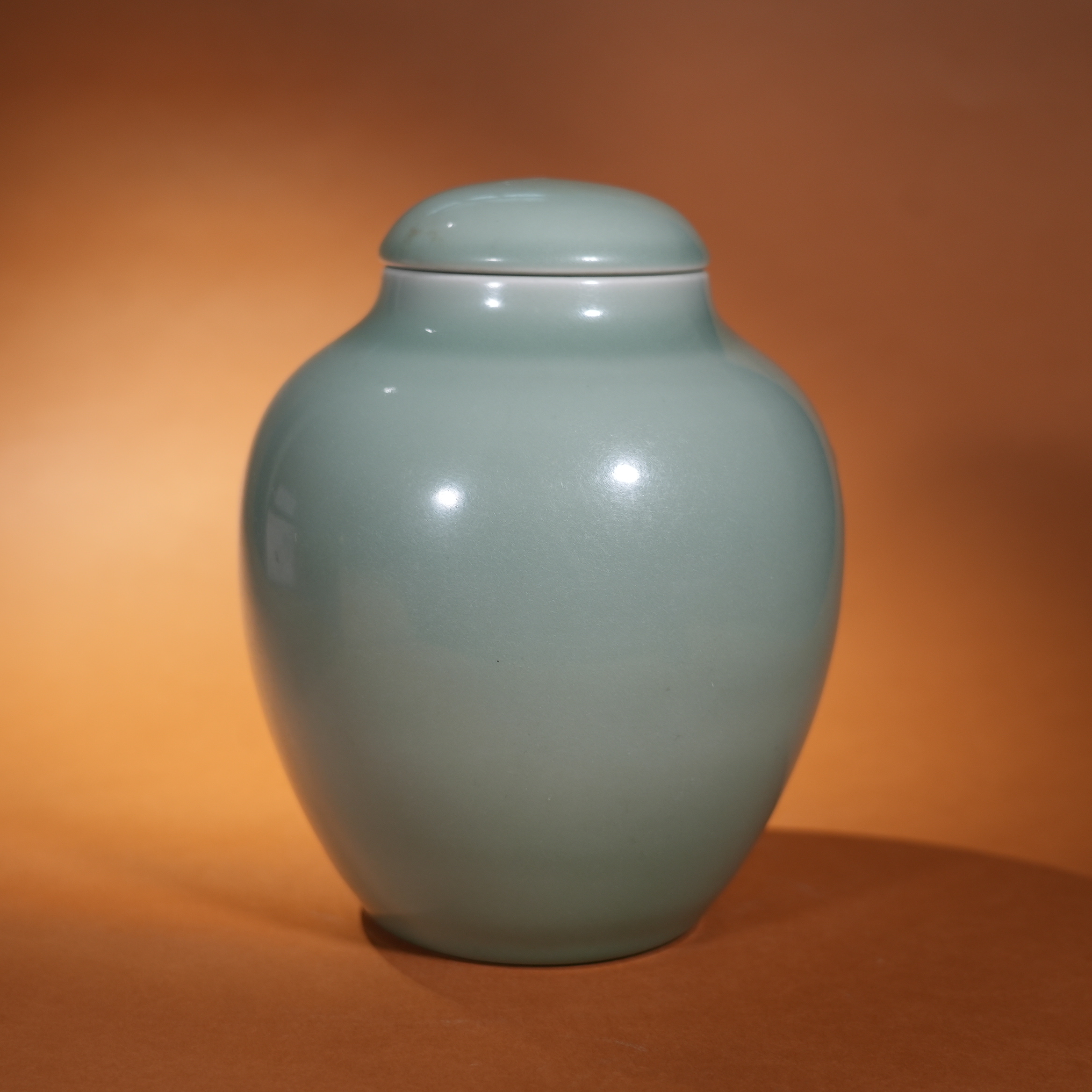 Ancient Chinese Bean Green Glaze Covered Jar with Crescent Moon Motif