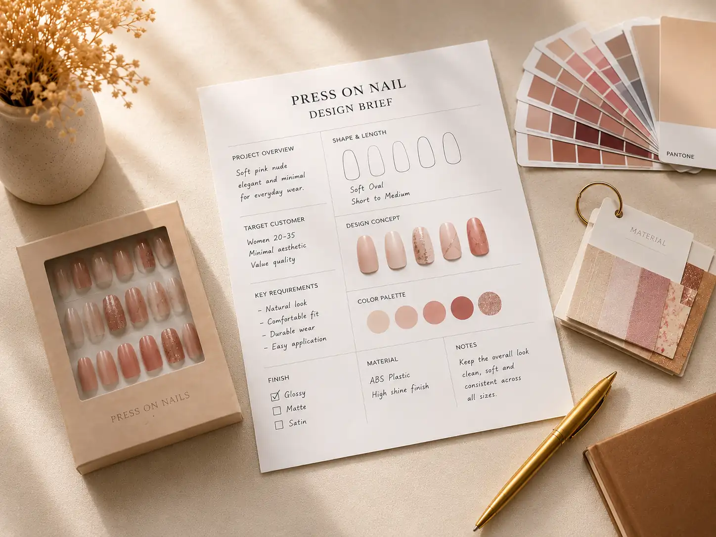 Custom press on nail design brief with nude pink nail samples, packaging concept, color palette, and material references