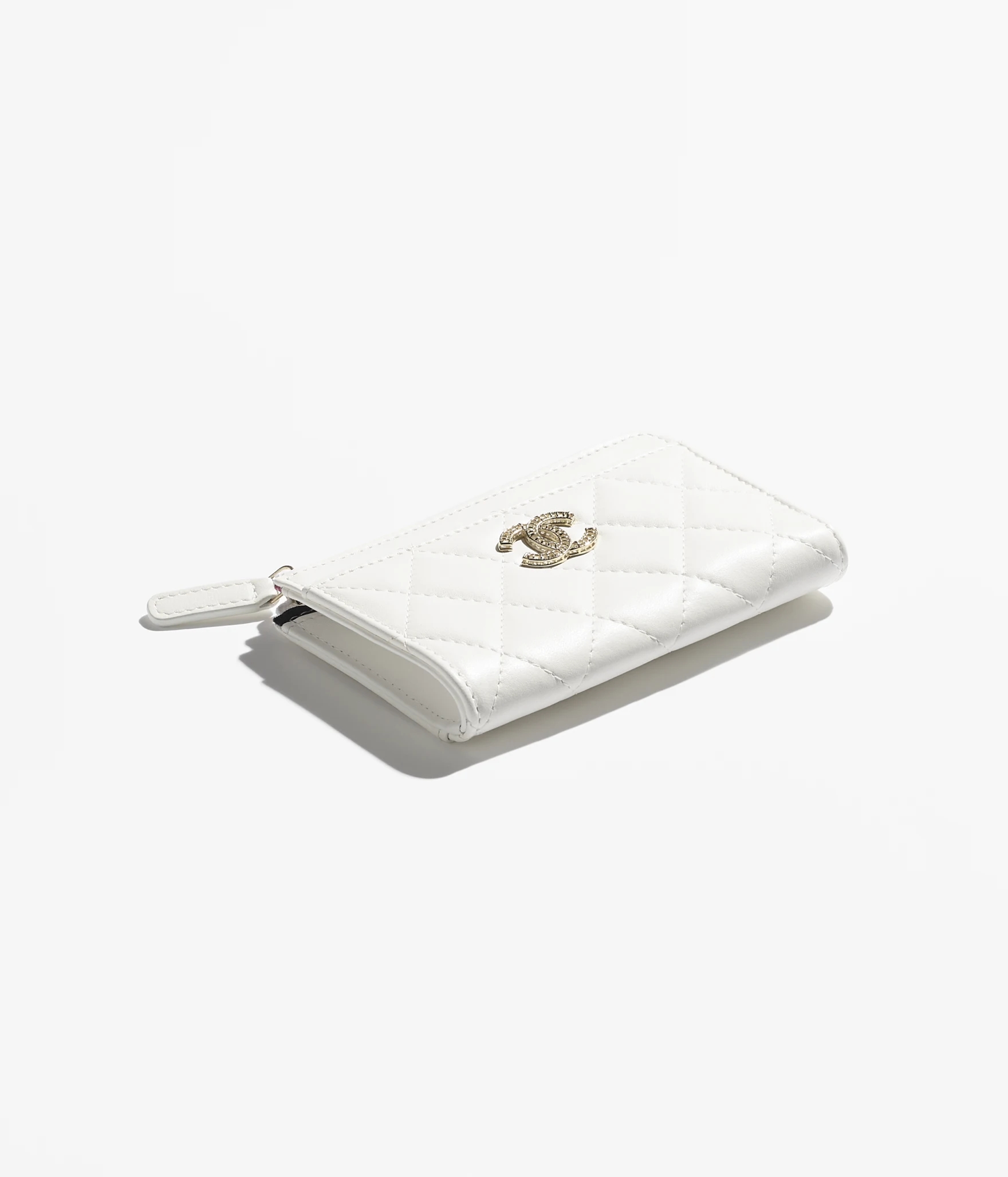 ZIPPED CARD HOLDER Lambskin & Gold-Tone Metal White