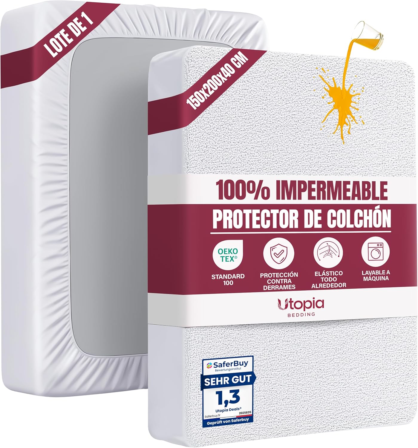 Utopia Bedding Protector Colchón 135 x 190 x 40 cm Impermeable, Certificación Oeko-Tex Funda Colchón, Cubre Colchón Transpirable, Elástico En Todo El Contorno