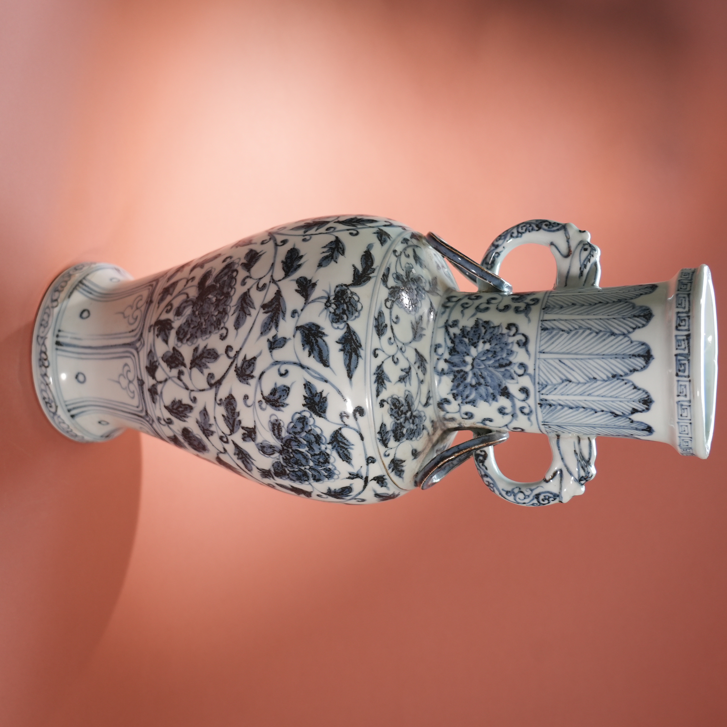 Ancient Chinese Blue and White Vase with Animal Handles and Ring Motifs