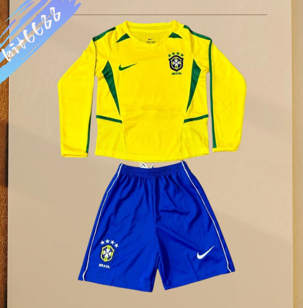 2002 Brazil home Retro long sleeves Kids Kit