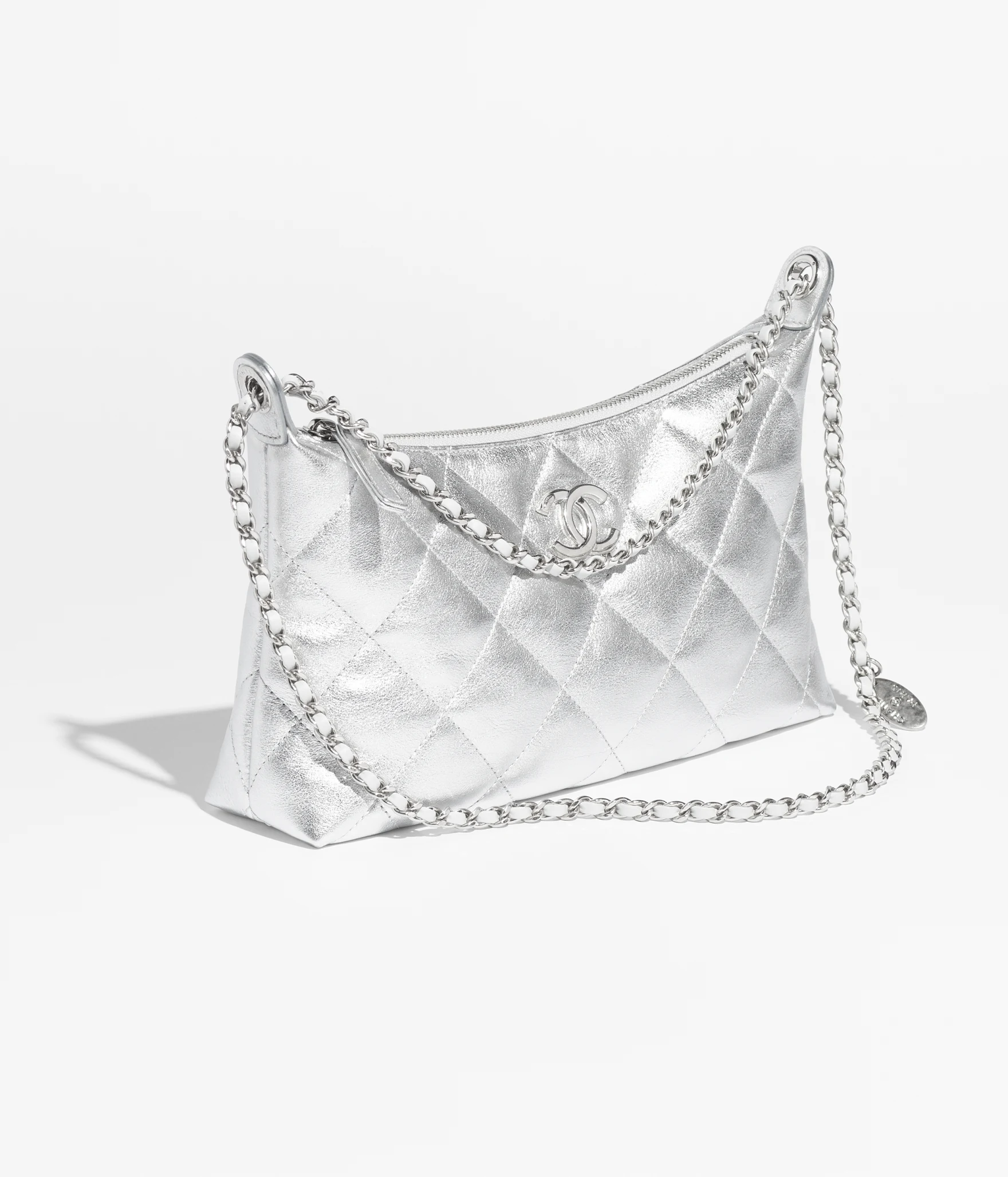 Hobo Handbag Metallic Calfskin & Silver-Tone Metal Silvery