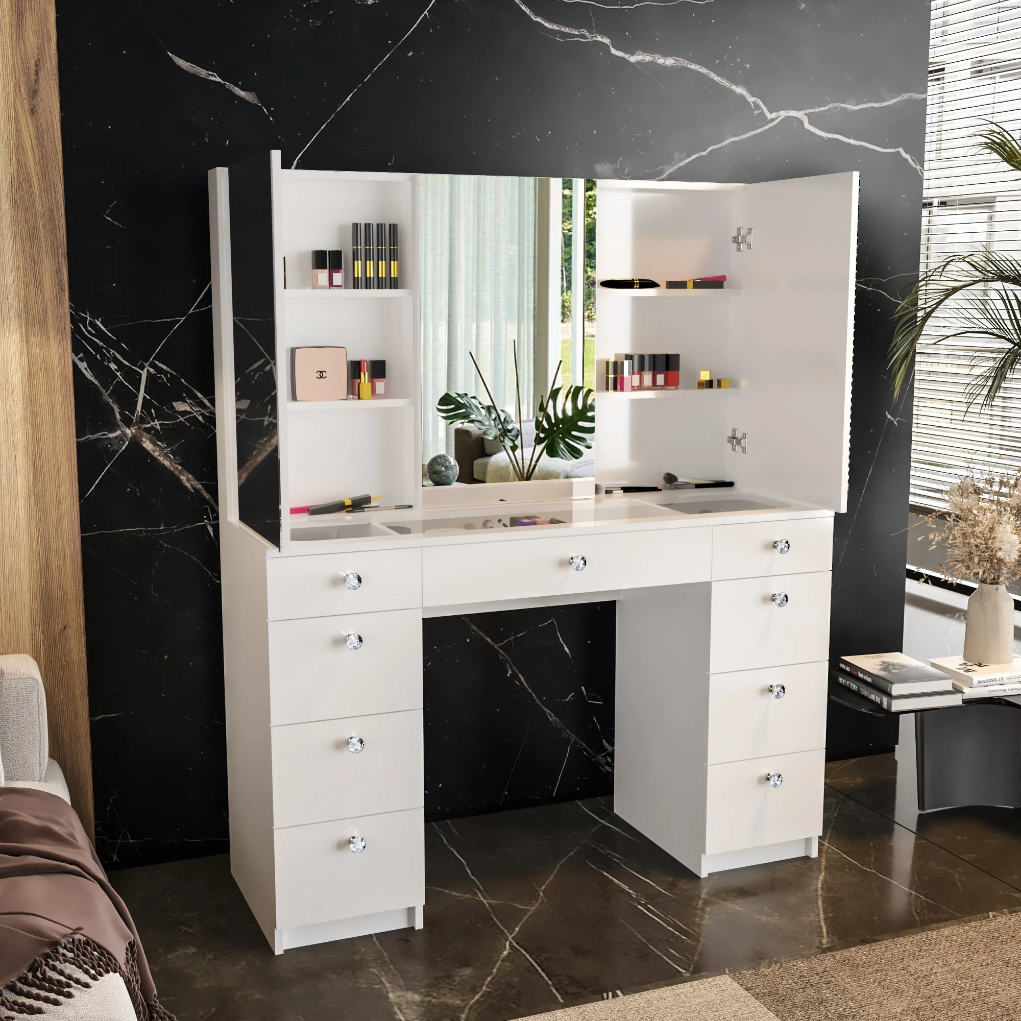 Ember Interiors Modern Vanity Table. 9 Drawers Cabinet Mirrors Crystal Knobs White for Bedroom