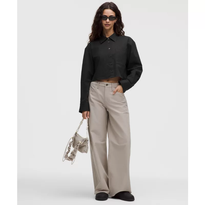 Woven Cropped Button-Up Long-Sleeve Shirt