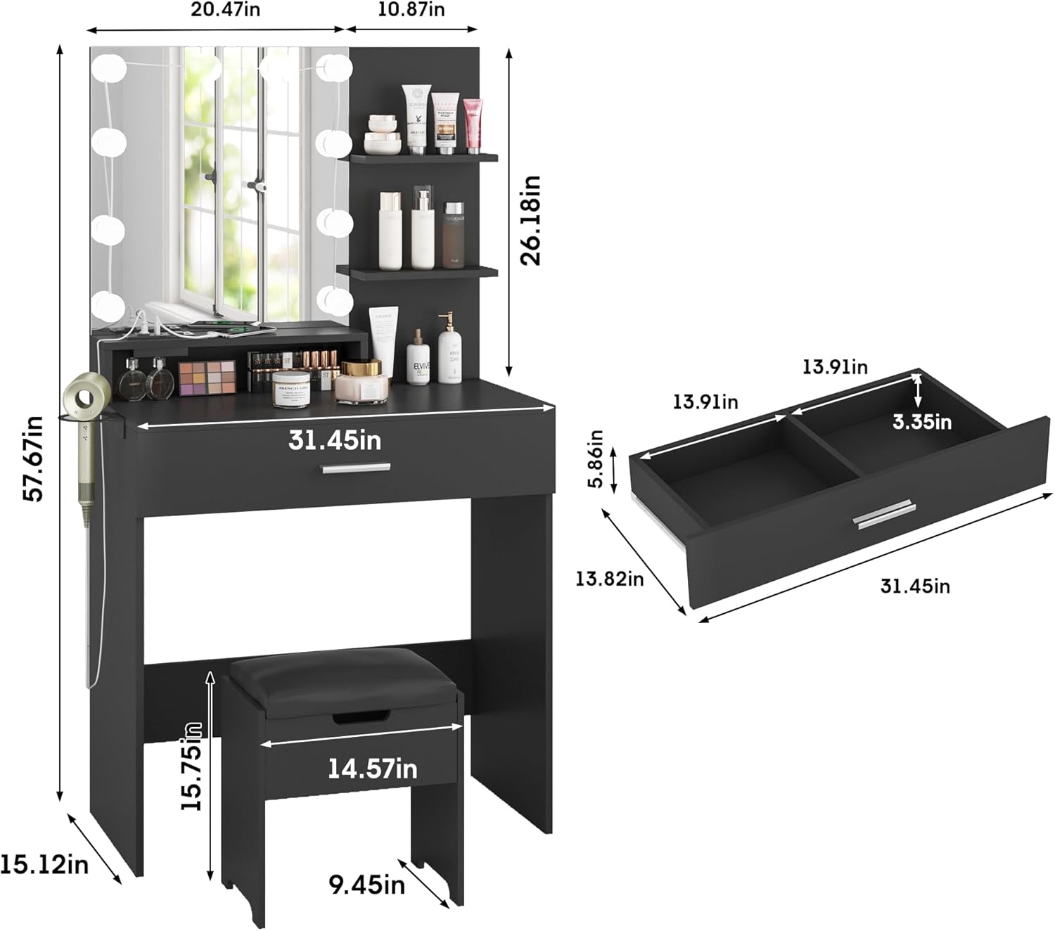 Vabches Small Vanity Desk with Mirror and Lights. Makeup Vanity with Storage Chair & Power Strip.Girl Dressing Table Set with Drawer for Bedroom.3 Lighting Modes.Brightness Adjustable.Black