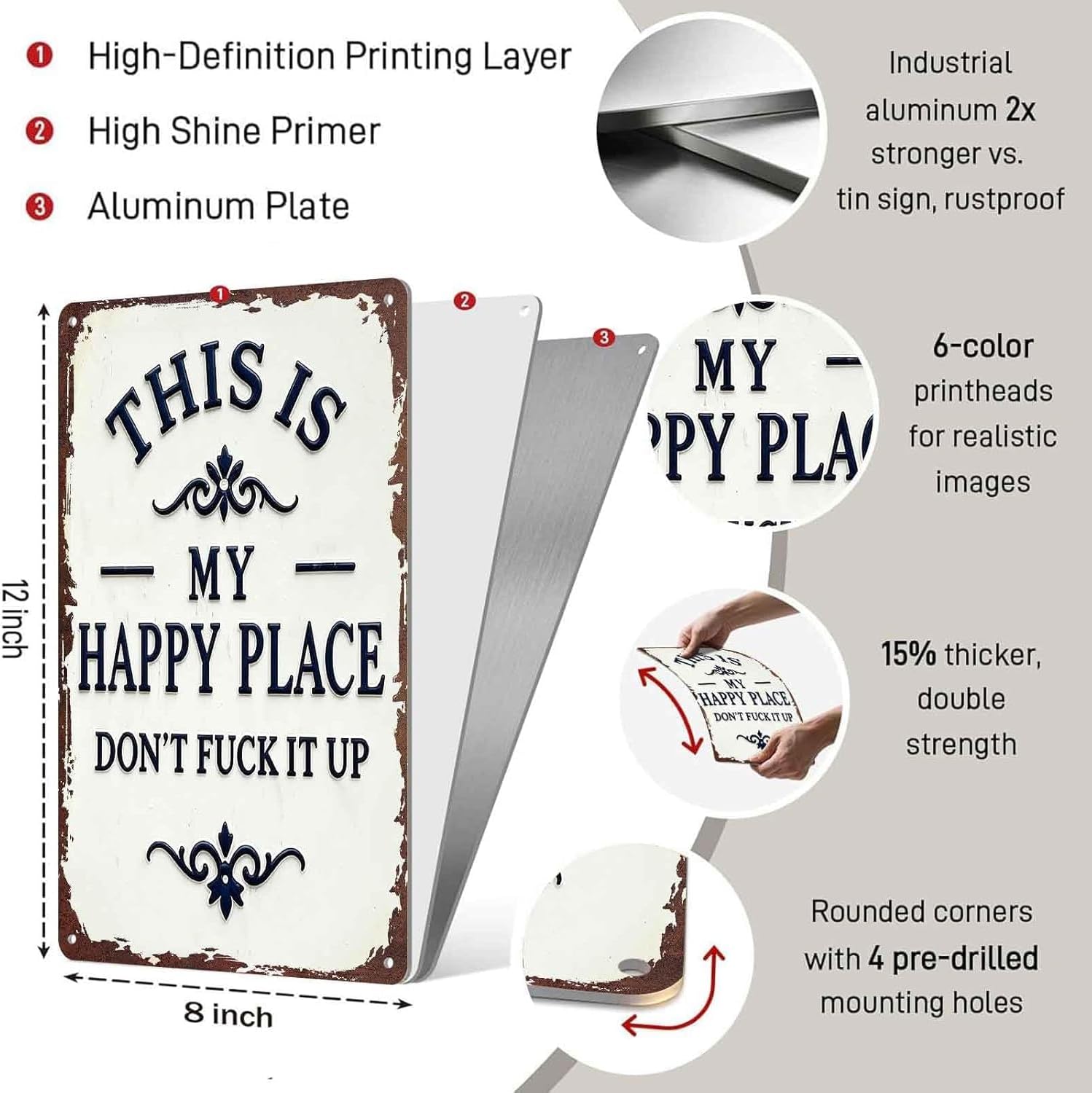This Is My Happy Place Don't Fuck It Up Metal Sign, 8x12 Inch Aluminum Wall Decor, Funny Rustic Farmhouse Style for Home, Living Room, Man Cave