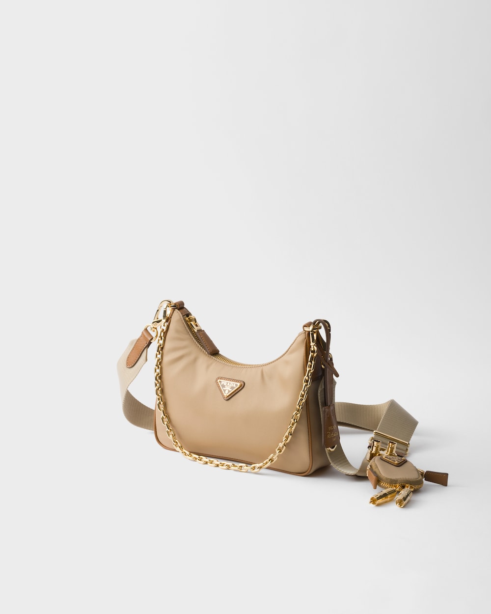 Prada Re-Edition 2005 Re-Nylon and Saffiano leather bag with charm Camel/Caramel
